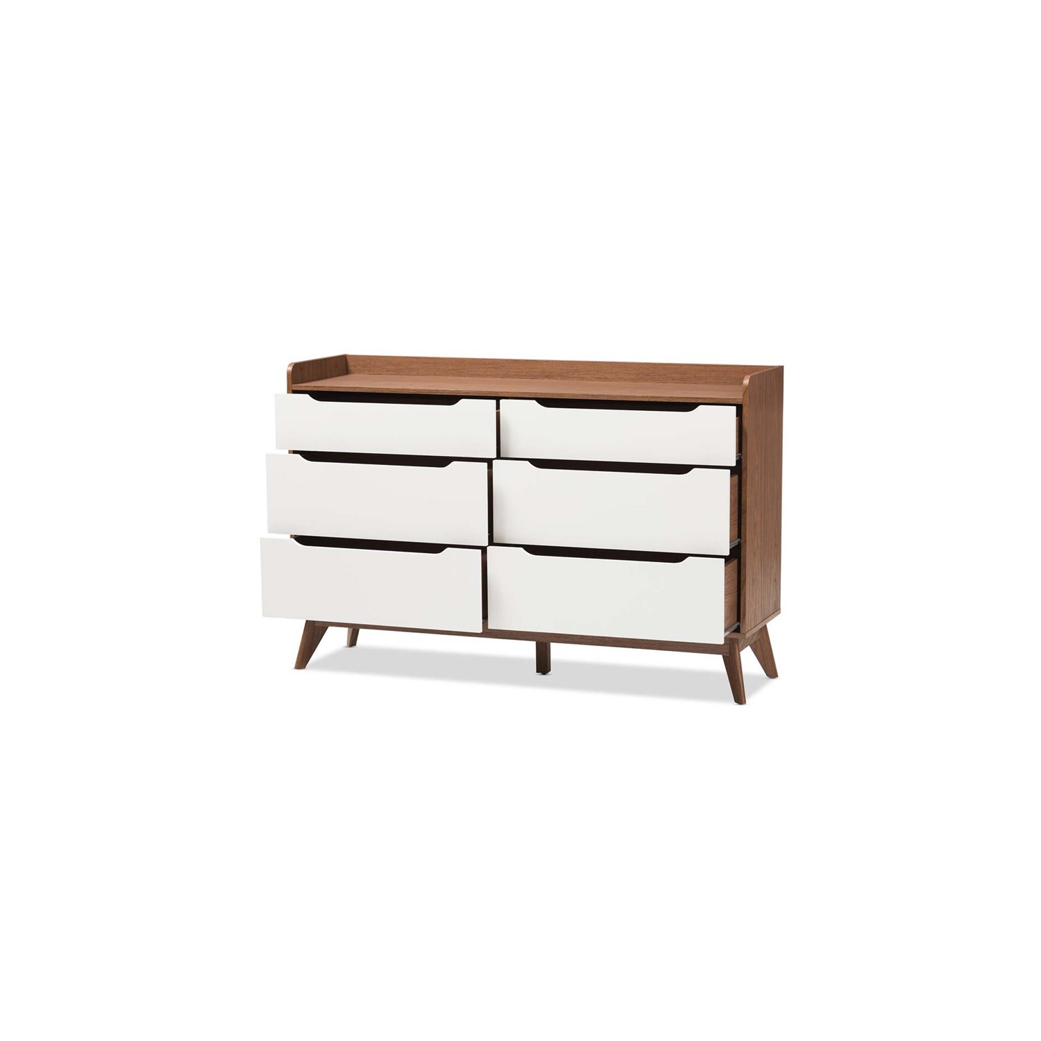 Bowery Hill Mid-century 6 Drawer Double Dresser in White and Walnut