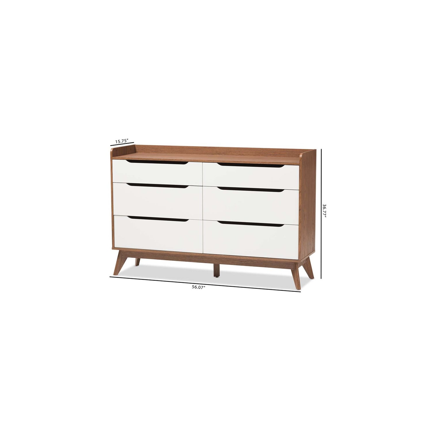 Bowery Hill Mid-century 6 Drawer Double Dresser in White and Walnut