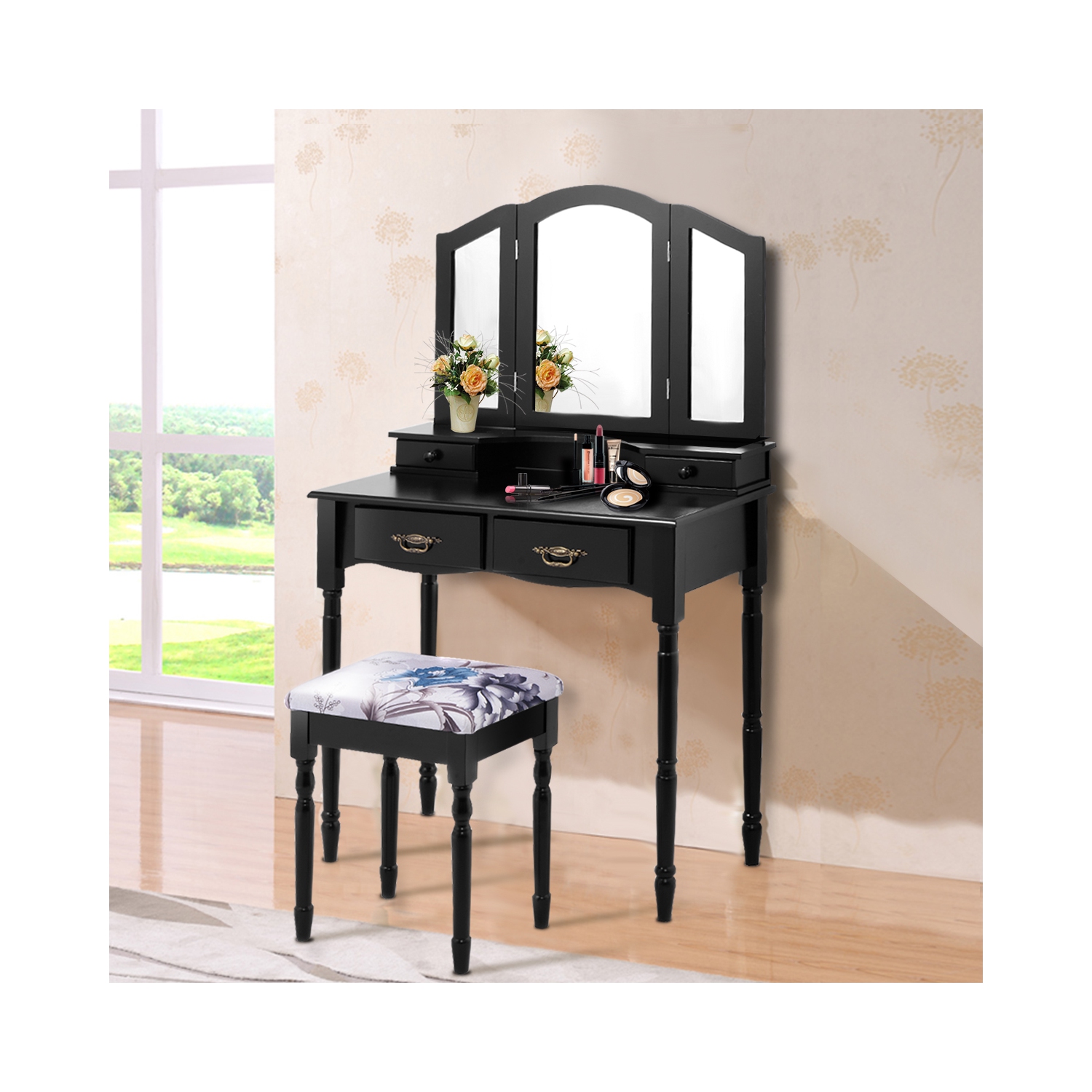 Gymax Vanity Makeup Dressing Table Stool Set w/ Folding Mirror 4 Drawers Black
