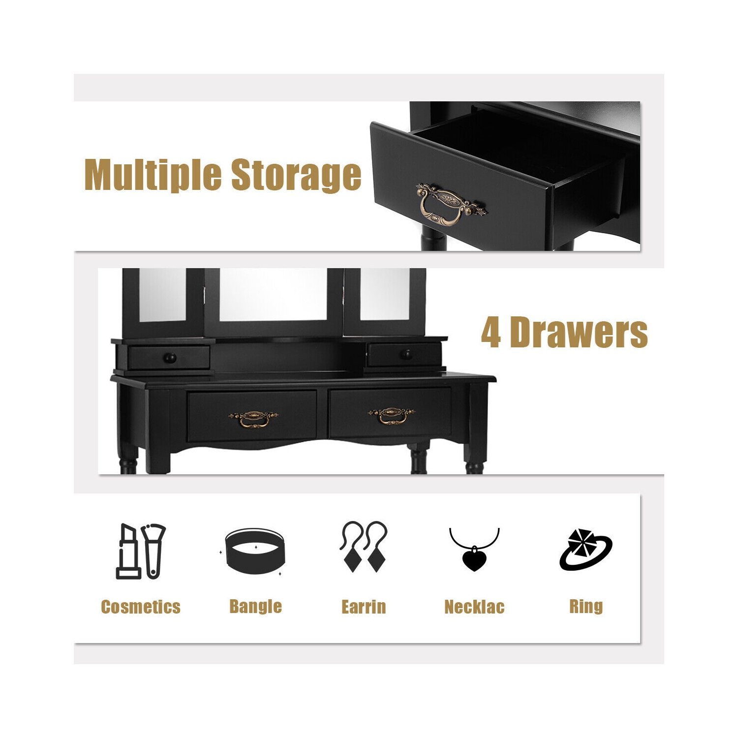 Gymax Vanity Makeup Dressing Table Stool Set w/ Folding Mirror 4 Drawers Black