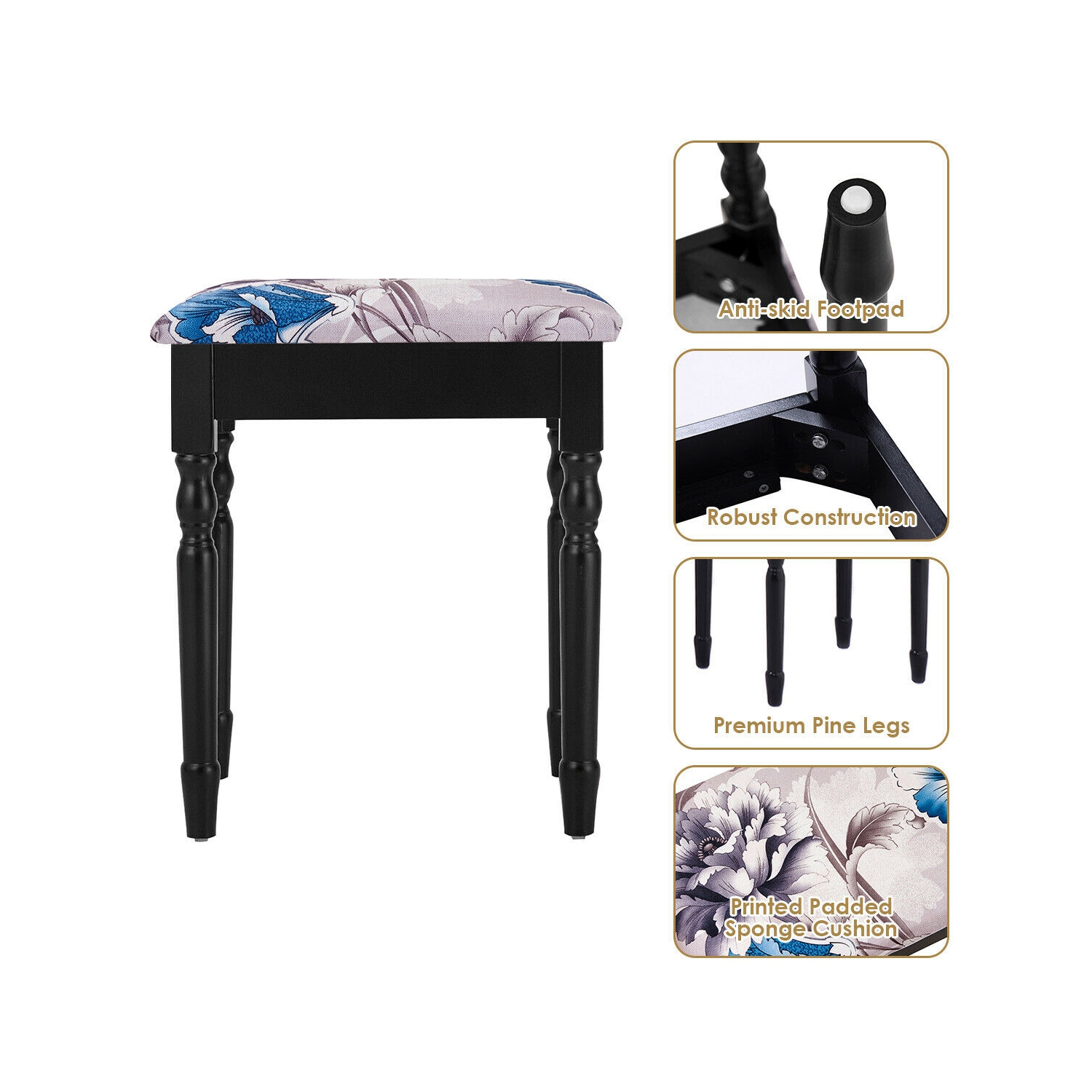 Gymax Vanity Makeup Dressing Table Stool Set w/ Folding Mirror 4 Drawers Black