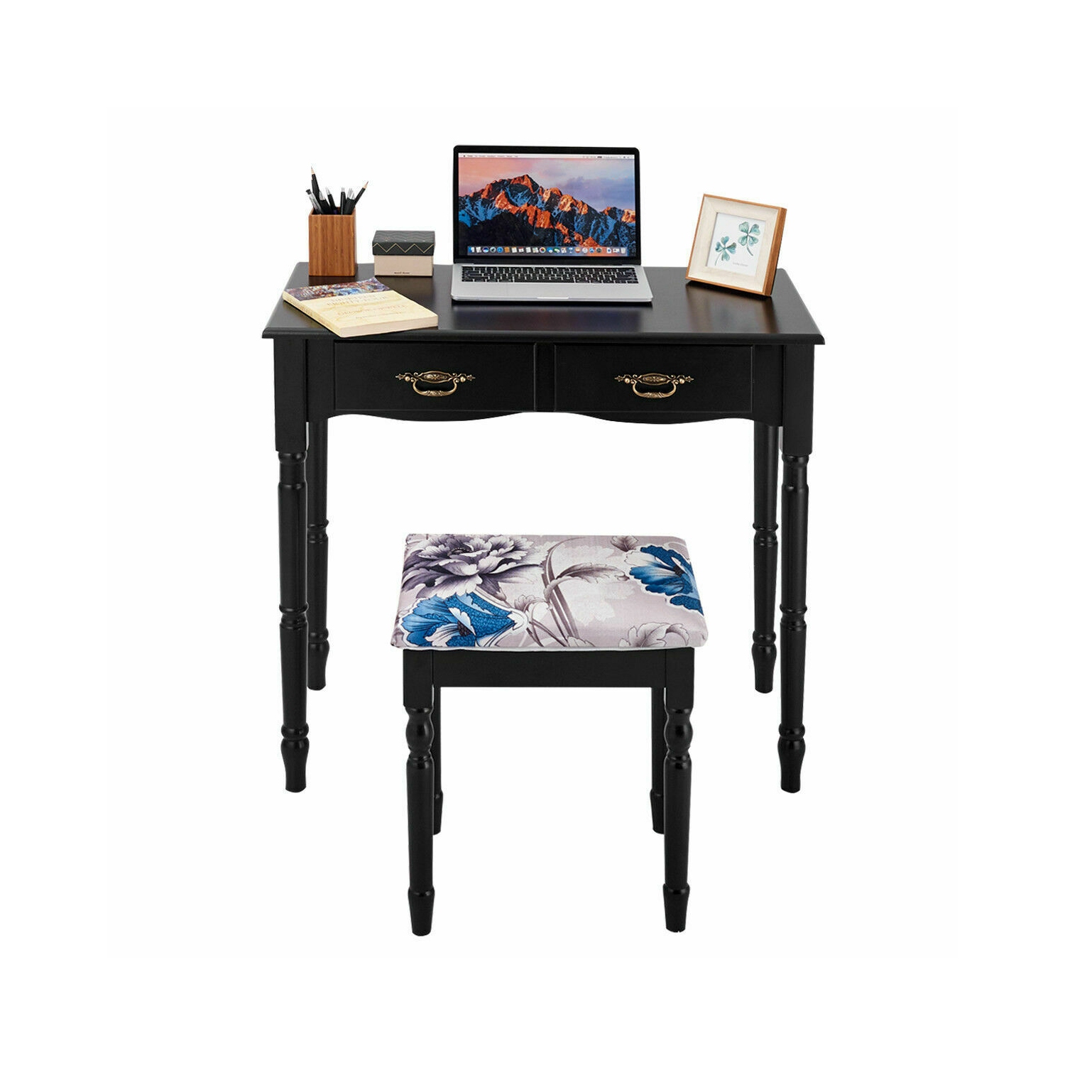 Gymax Vanity Makeup Dressing Table Stool Set w/ Folding Mirror 4 Drawers Black