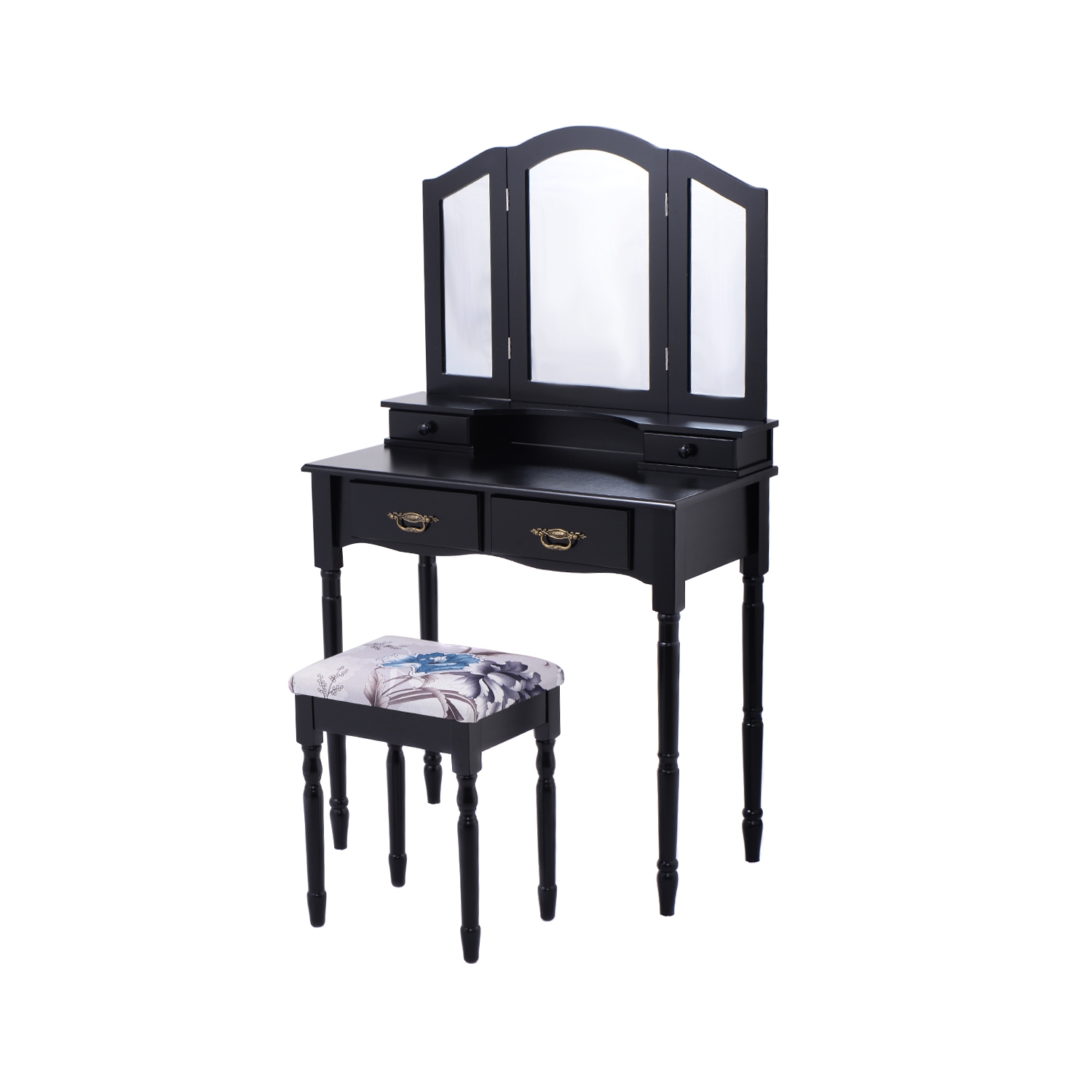 Gymax Vanity Makeup Dressing Table Stool Set w/ Folding Mirror 4 Drawers Black