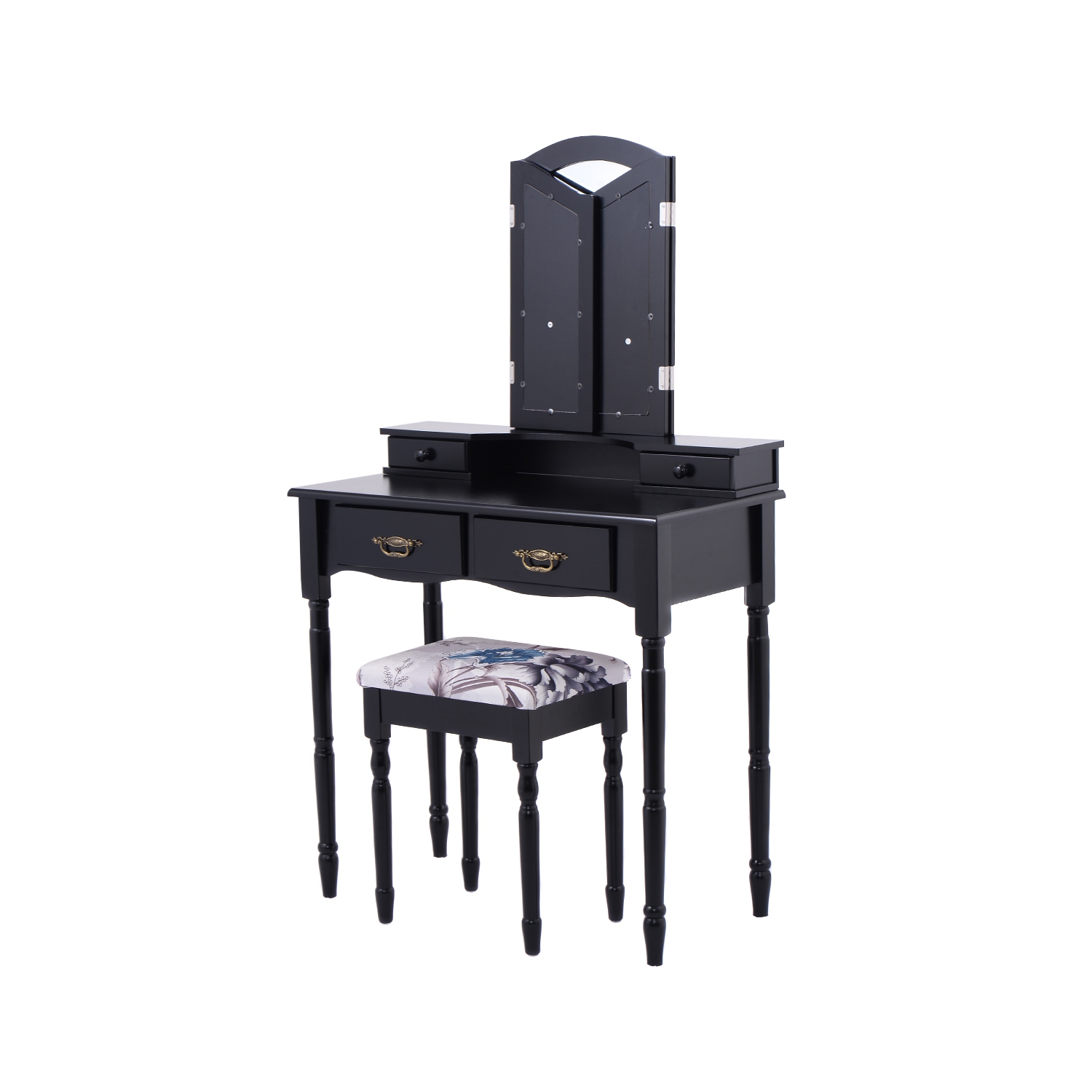 Gymax Vanity Makeup Dressing Table Stool Set w/ Folding Mirror 4 Drawers Black