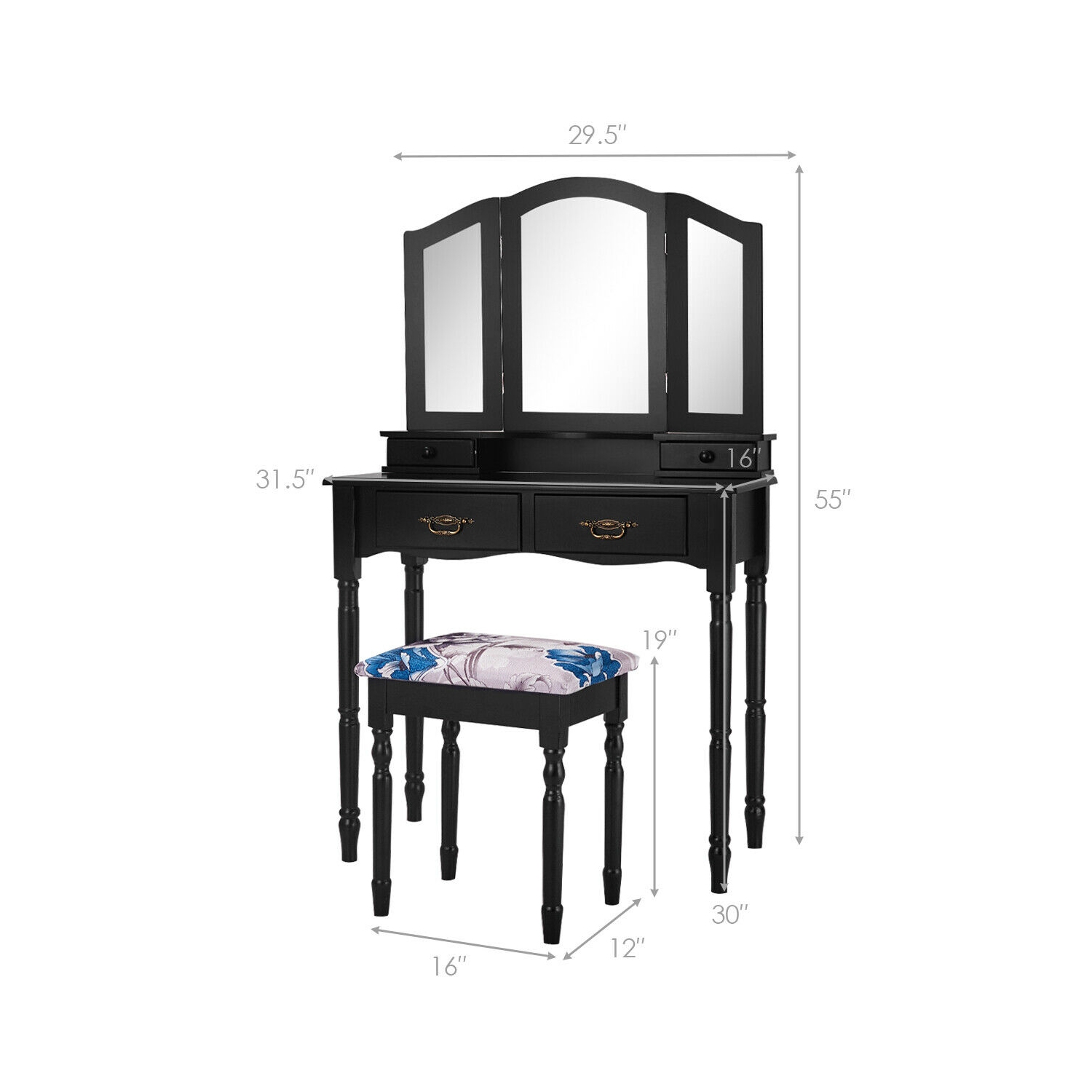 Gymax Vanity Makeup Dressing Table Stool Set w/ Folding Mirror 4 Drawers Black