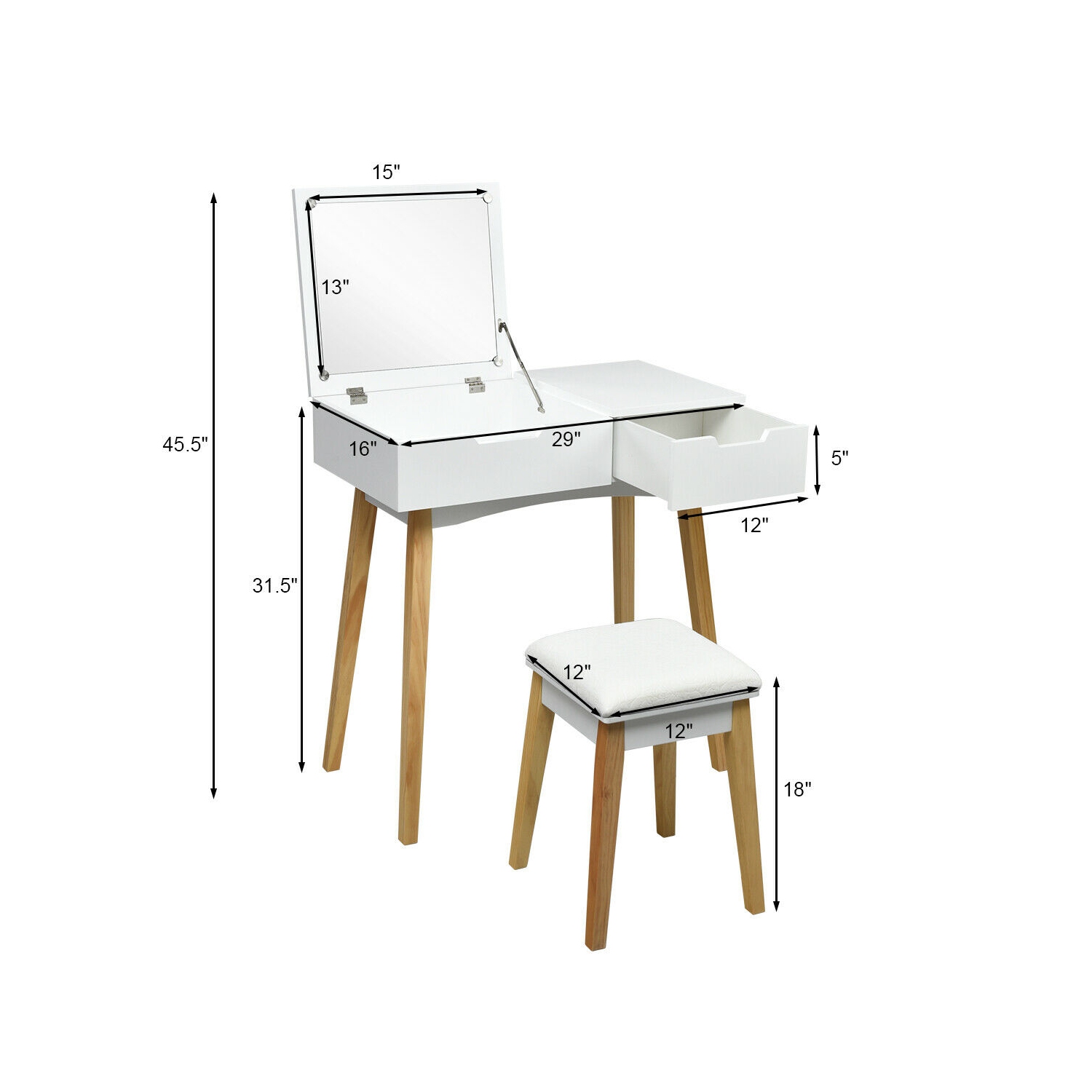 Gymax Vanity Makeup Table Cushioned Stool Set W/Flip Top Mirror &1 Drawer Writing Desk