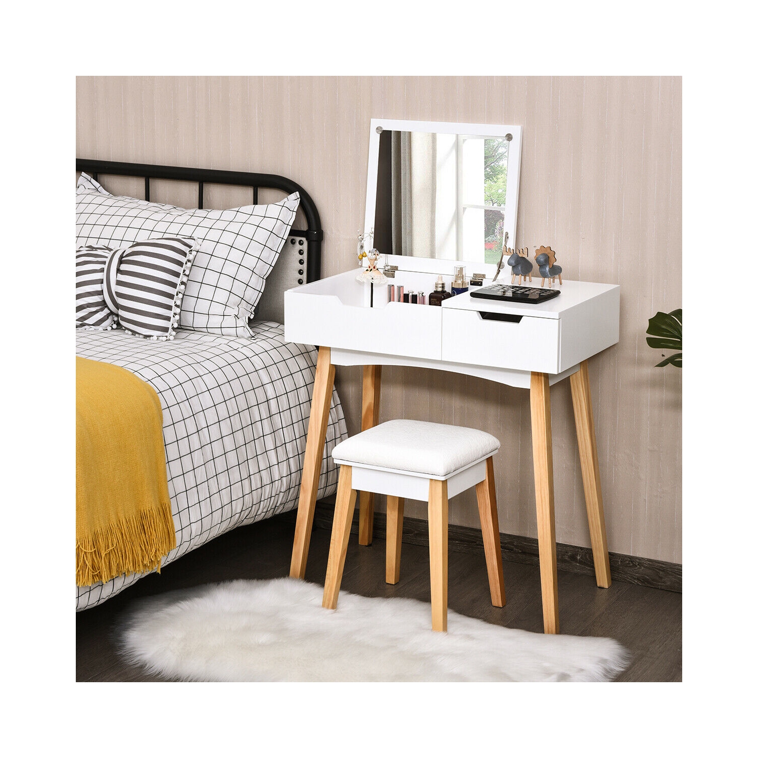 Gymax Vanity Makeup Table Cushioned Stool Set W/Flip Top Mirror &1 Drawer Writing Desk