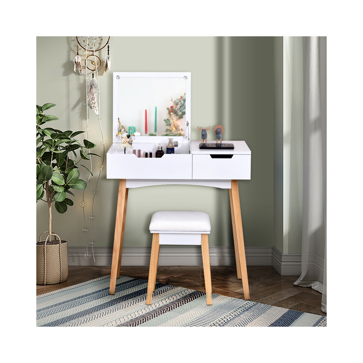 Gymax Vanity Makeup Table Cushioned Stool Set W/Flip Top Mirror &1 Drawer Writing Desk