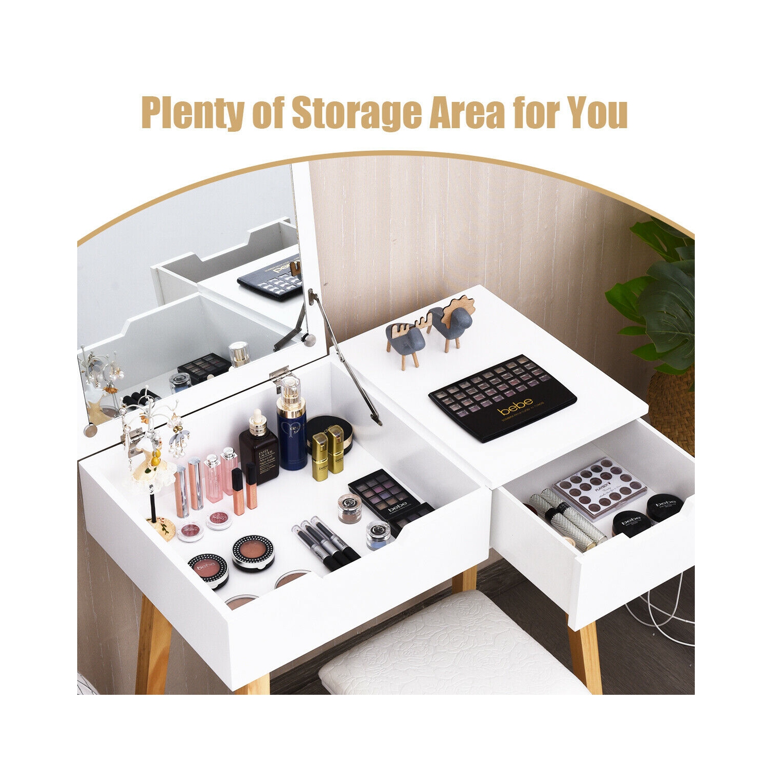 Gymax Vanity Makeup Table Cushioned Stool Set W/Flip Top Mirror &1 Drawer Writing Desk