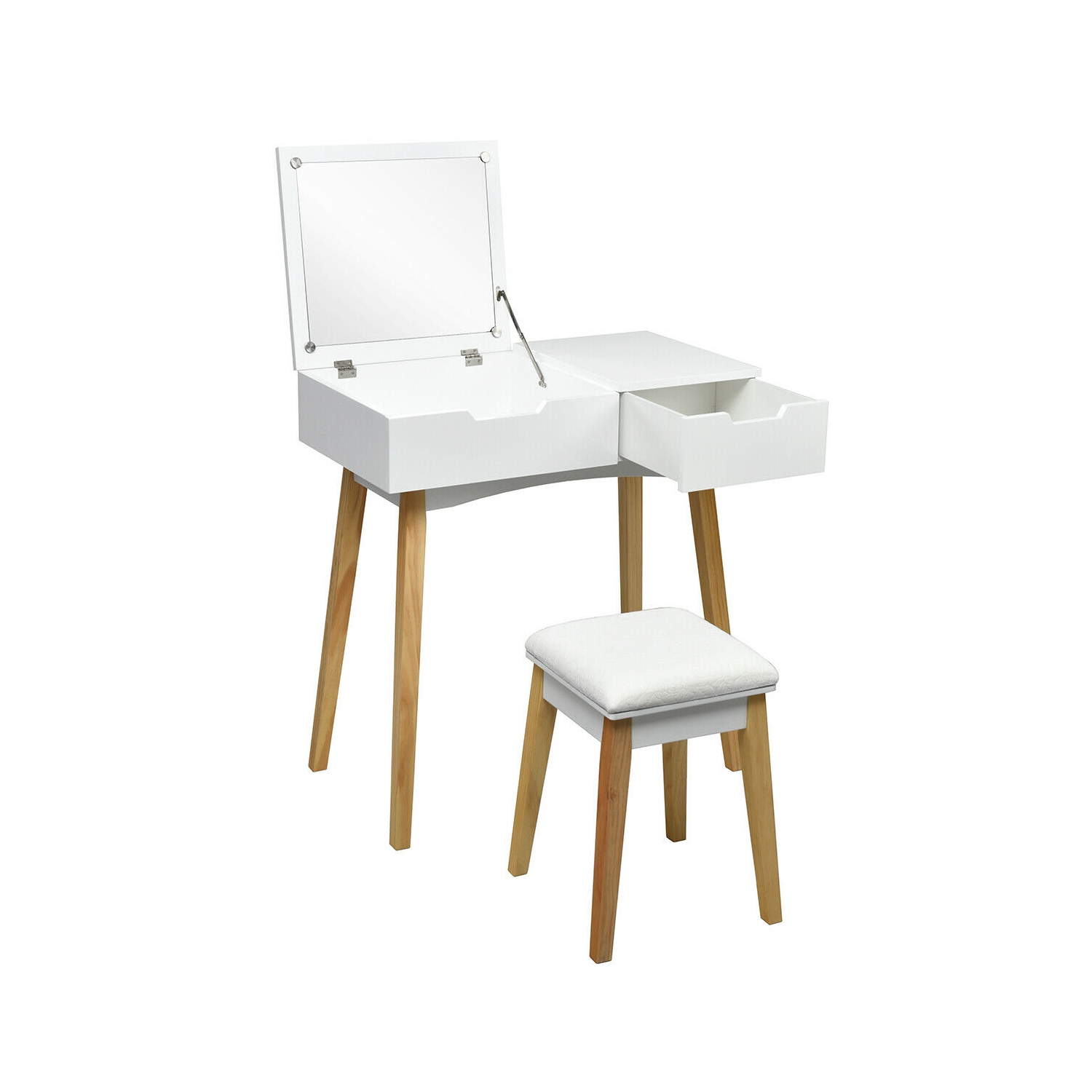 Gymax Vanity Makeup Table Cushioned Stool Set W/Flip Top Mirror &1 Drawer Writing Desk