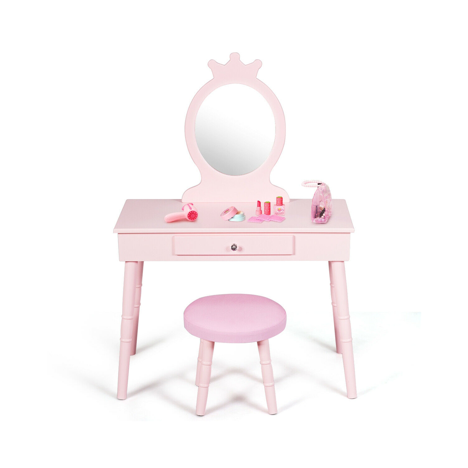 Gymax Vanity Makeup Table & Chair Set Make Up Stool Play Set for Children Pink