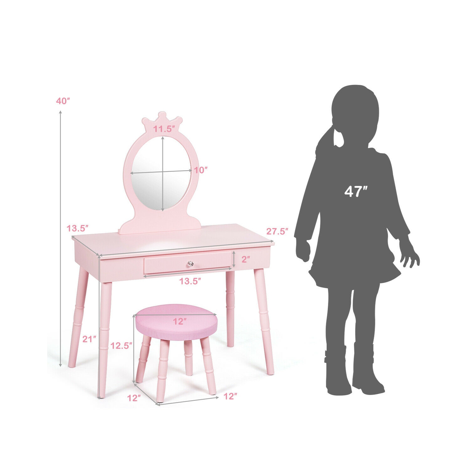 Gymax Vanity Makeup Table & Chair Set Make Up Stool Play Set for Children Pink