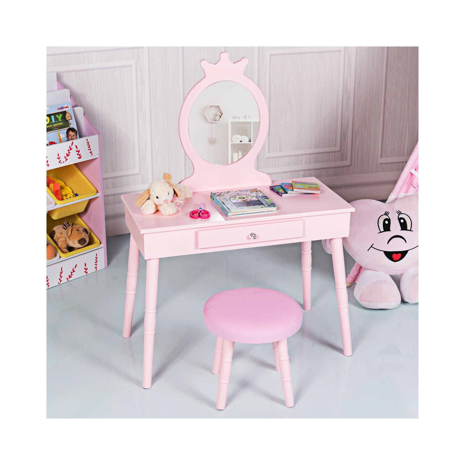 Gymax Vanity Makeup Table & Chair Set Make Up Stool Play Set for Children Pink