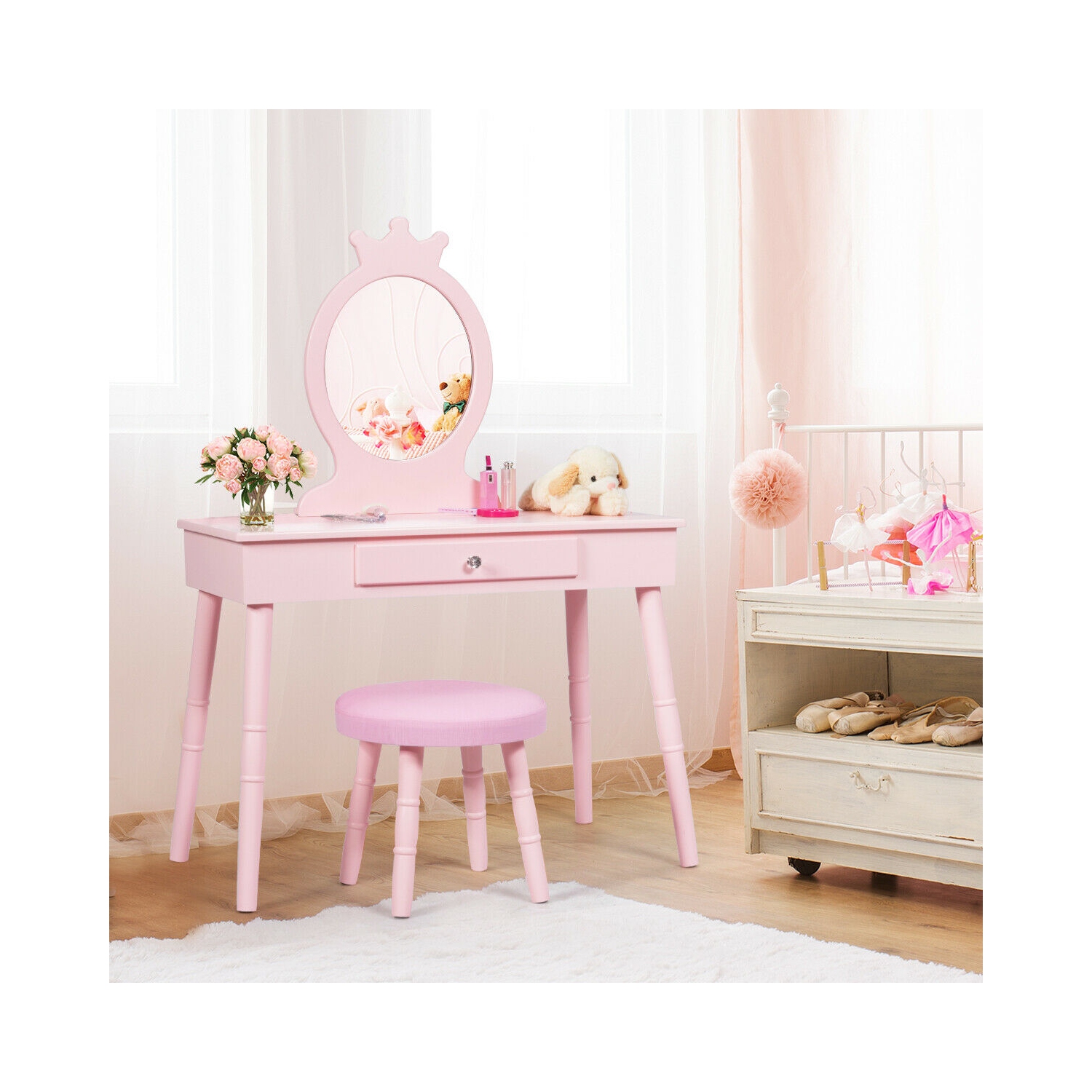 Gymax Vanity Makeup Table & Chair Set Make Up Stool Play Set for Children Pink