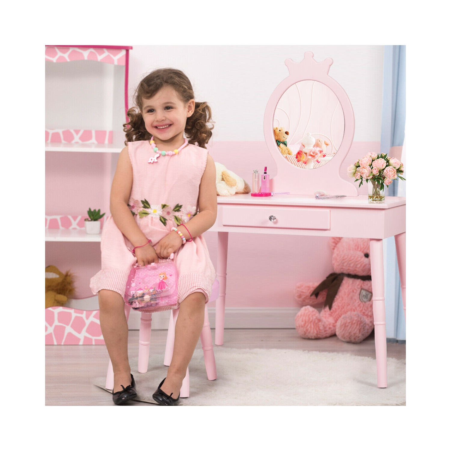 Gymax Vanity Makeup Table & Chair Set Make Up Stool Play Set for Children Pink