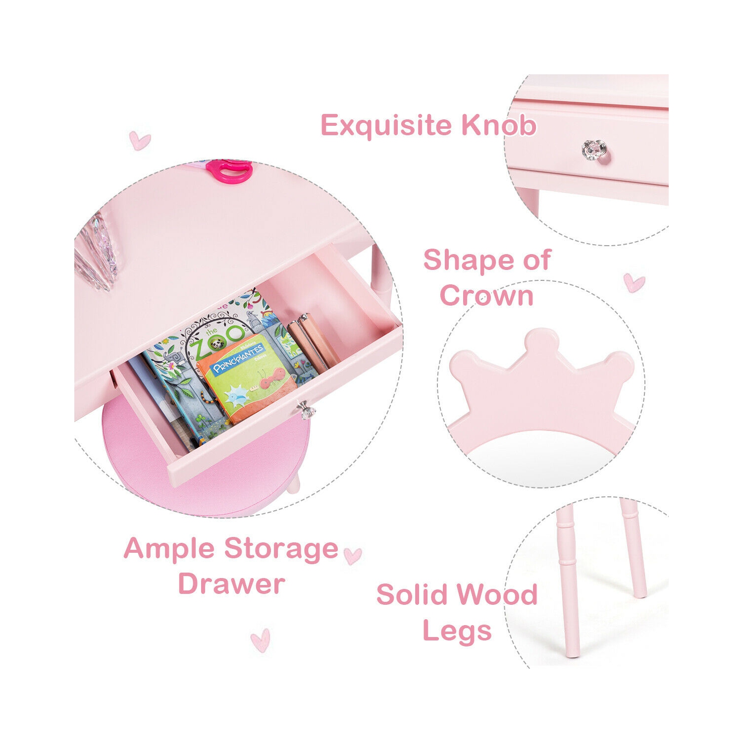 Gymax Vanity Makeup Table & Chair Set Make Up Stool Play Set for Children Pink
