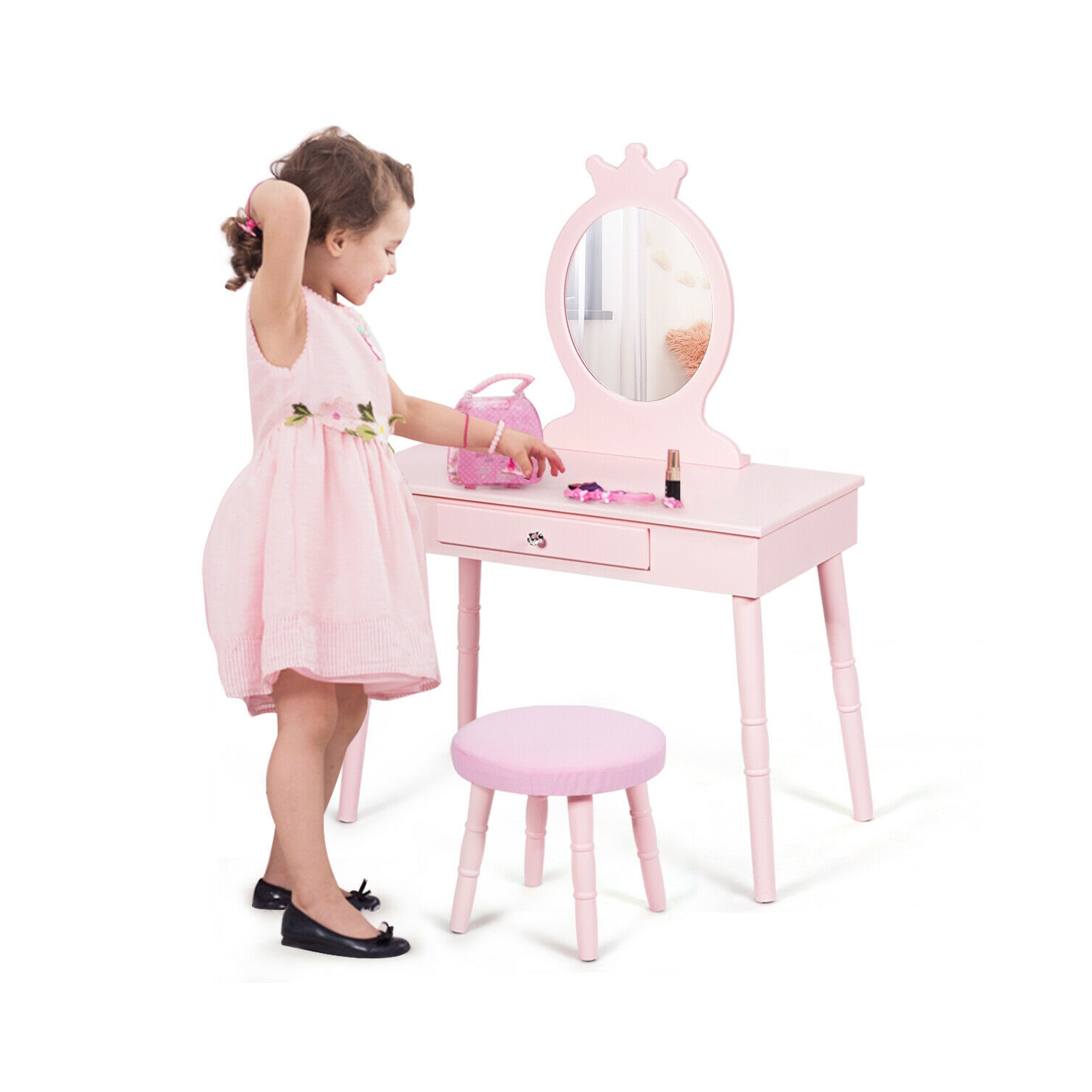 Gymax Vanity Makeup Table & Chair Set Make Up Stool Play Set for Children Pink