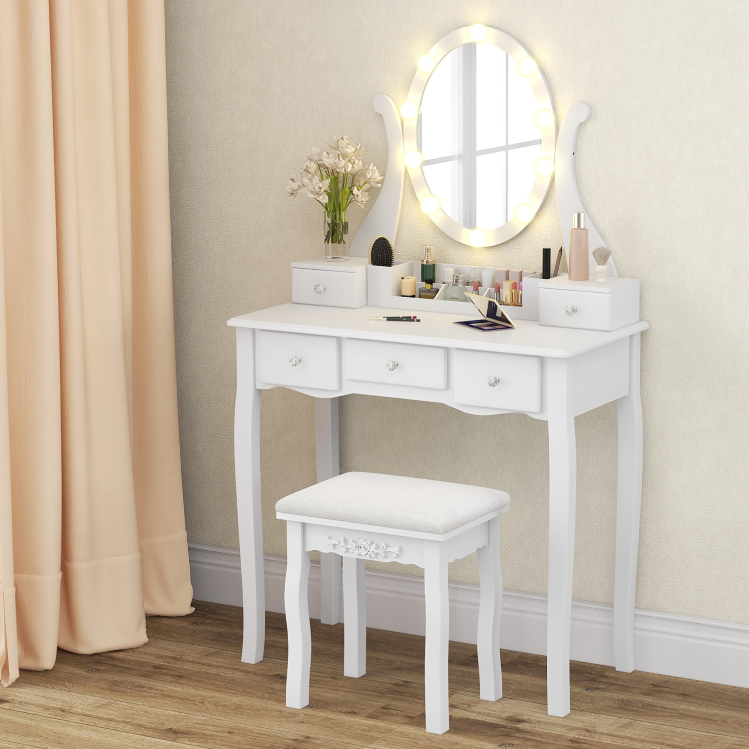 Gymax Vanity Desk Set w/ Lighted Mirror Makeup Table Vanity Dresser w/ 10 LED Light Bulbs White