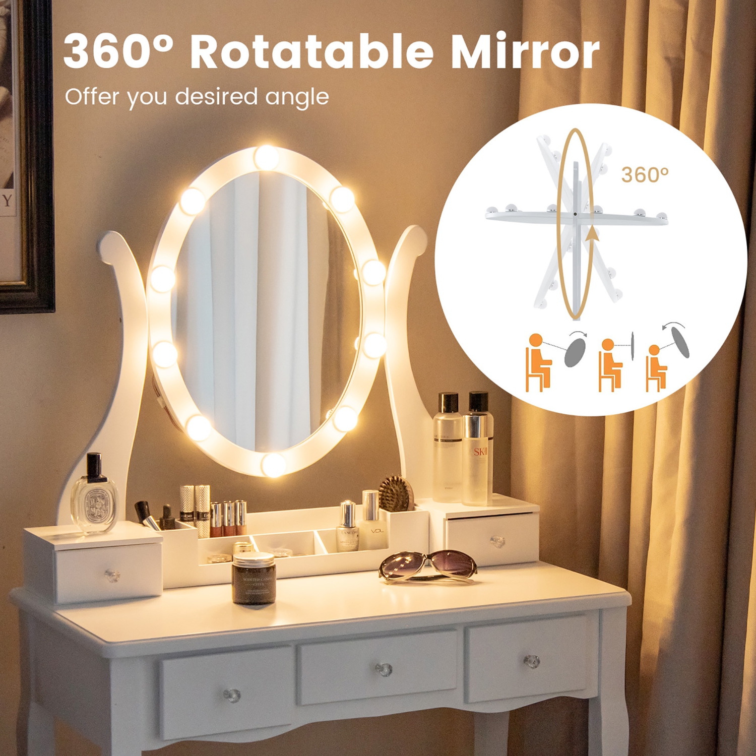 Gymax Vanity Desk Set w/ Lighted Mirror Makeup Table Vanity Dresser w/ 10 LED Light Bulbs White