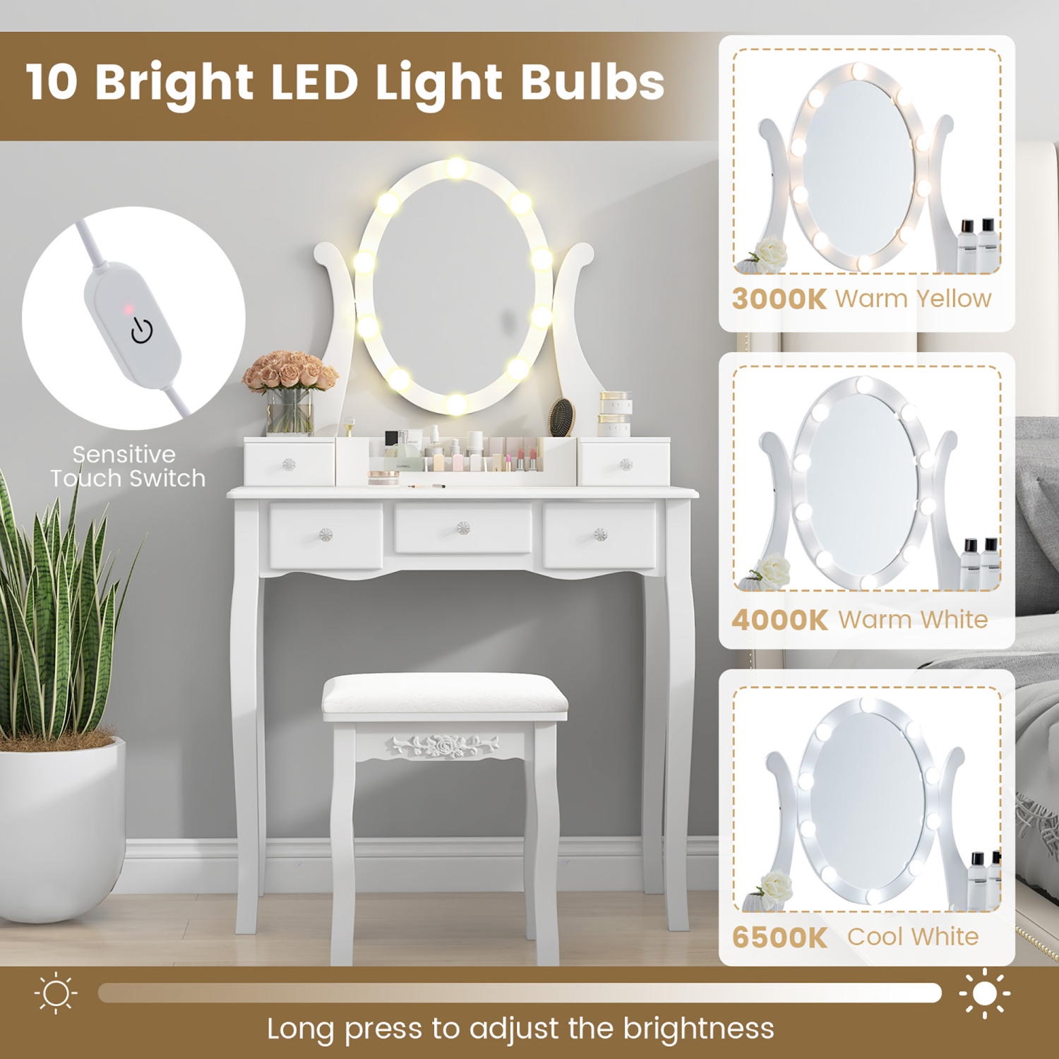 Gymax Vanity Desk Set w/ Lighted Mirror Makeup Table Vanity Dresser w/ 10 LED Light Bulbs White
