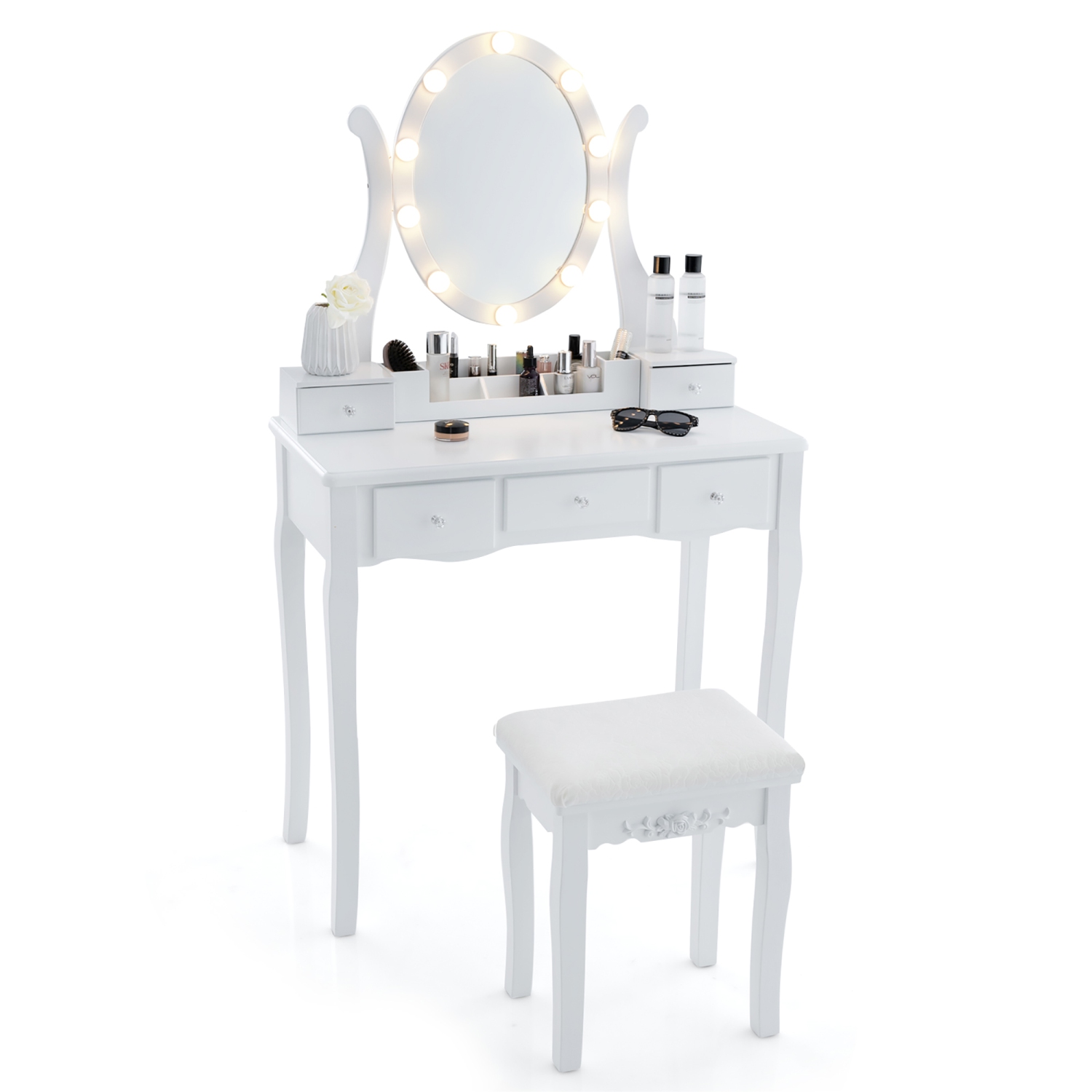 Gymax Vanity Desk Set w/ Lighted Mirror Makeup Table Vanity Dresser w/ 10 LED Light Bulbs White