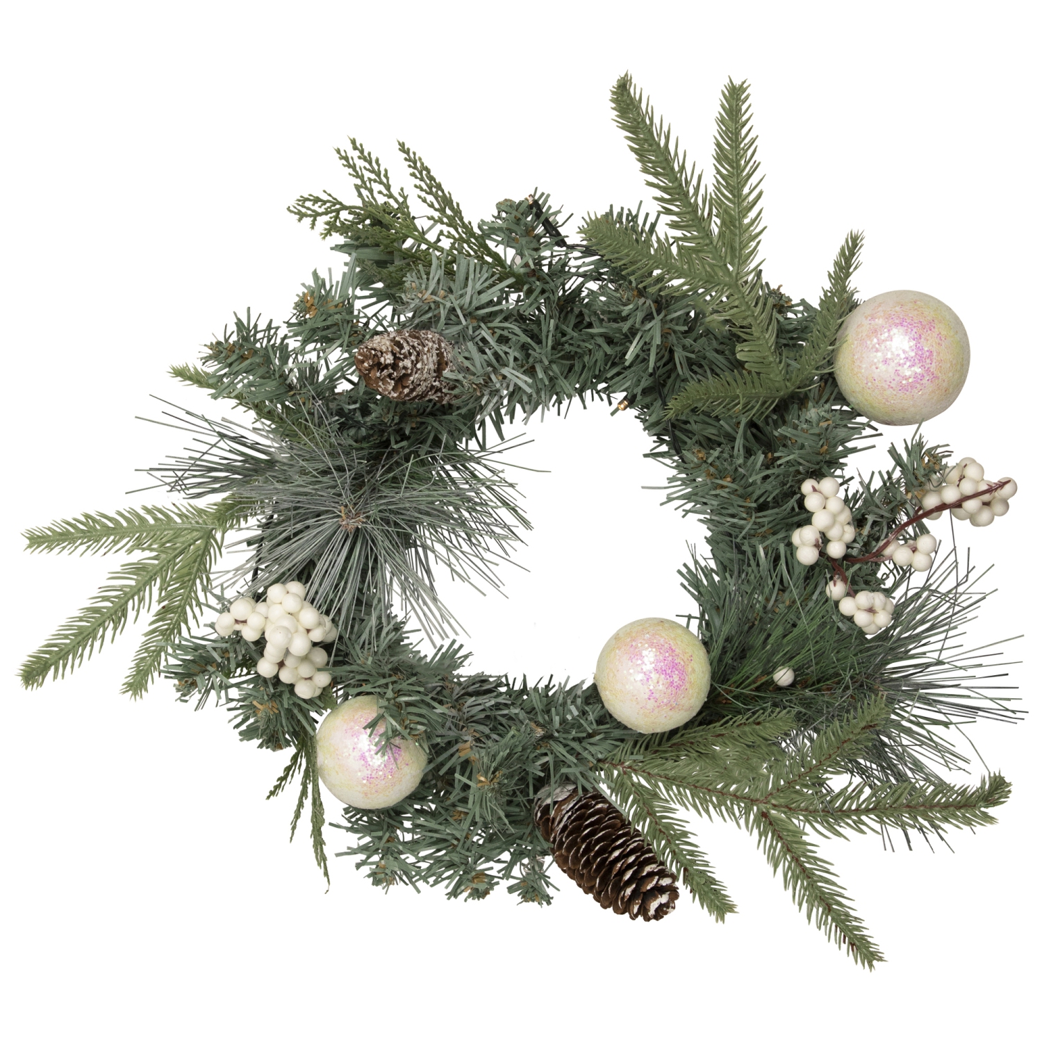 Couronne de Noël à DEL illuminée, pin et baies, 16 po, blanc chaud