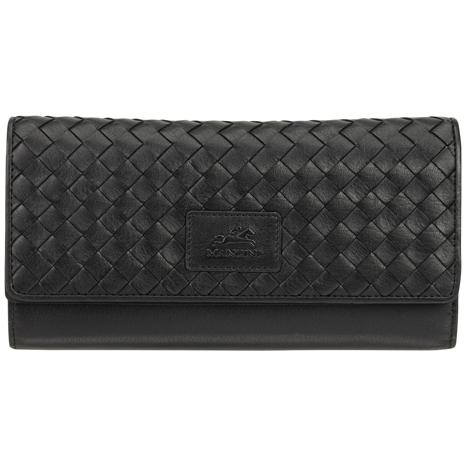 Mancini Basket Weave RFID Genuine Leather Tri-fold Clutch Wing Wallet - Black