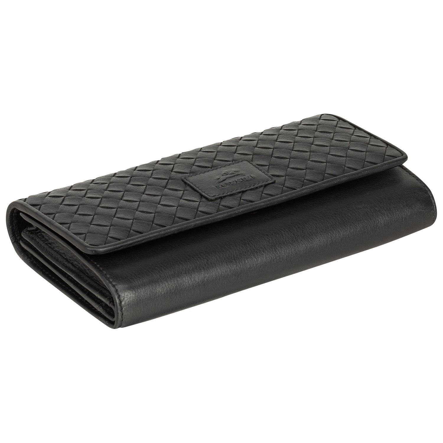 Mancini Basket Weave RFID Genuine Leather Tri-fold Clutch Wing Wallet - Black