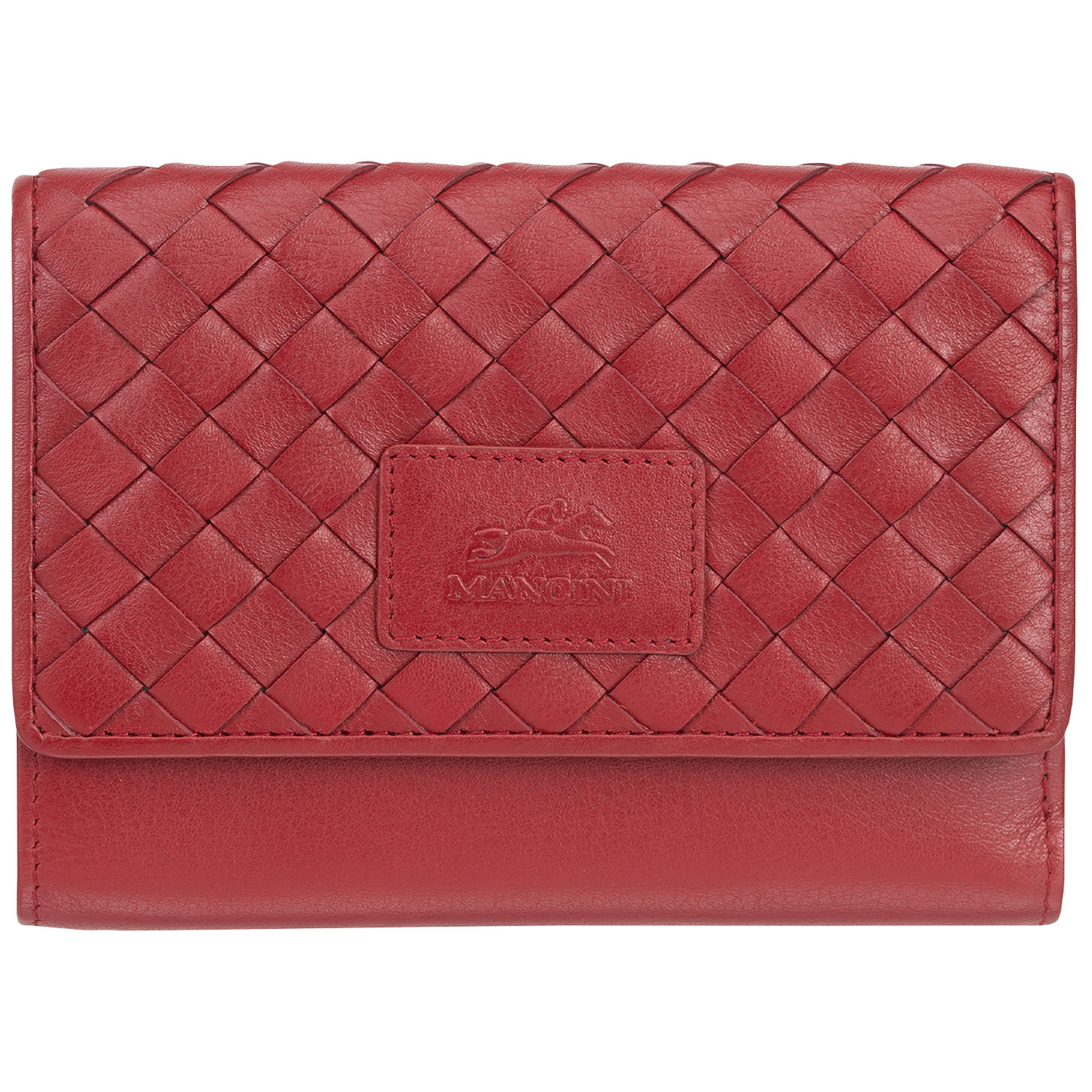 Pochette-portefeuille RFID à trois volets et huit fentes en cuir véritable Motif tressé de Mancini - Rouge