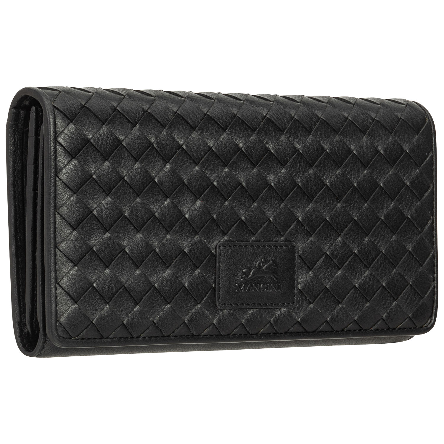 Pochette-portefeuille RFID à trois volets en cuir véritable Motif tressé de Mancini - Noir