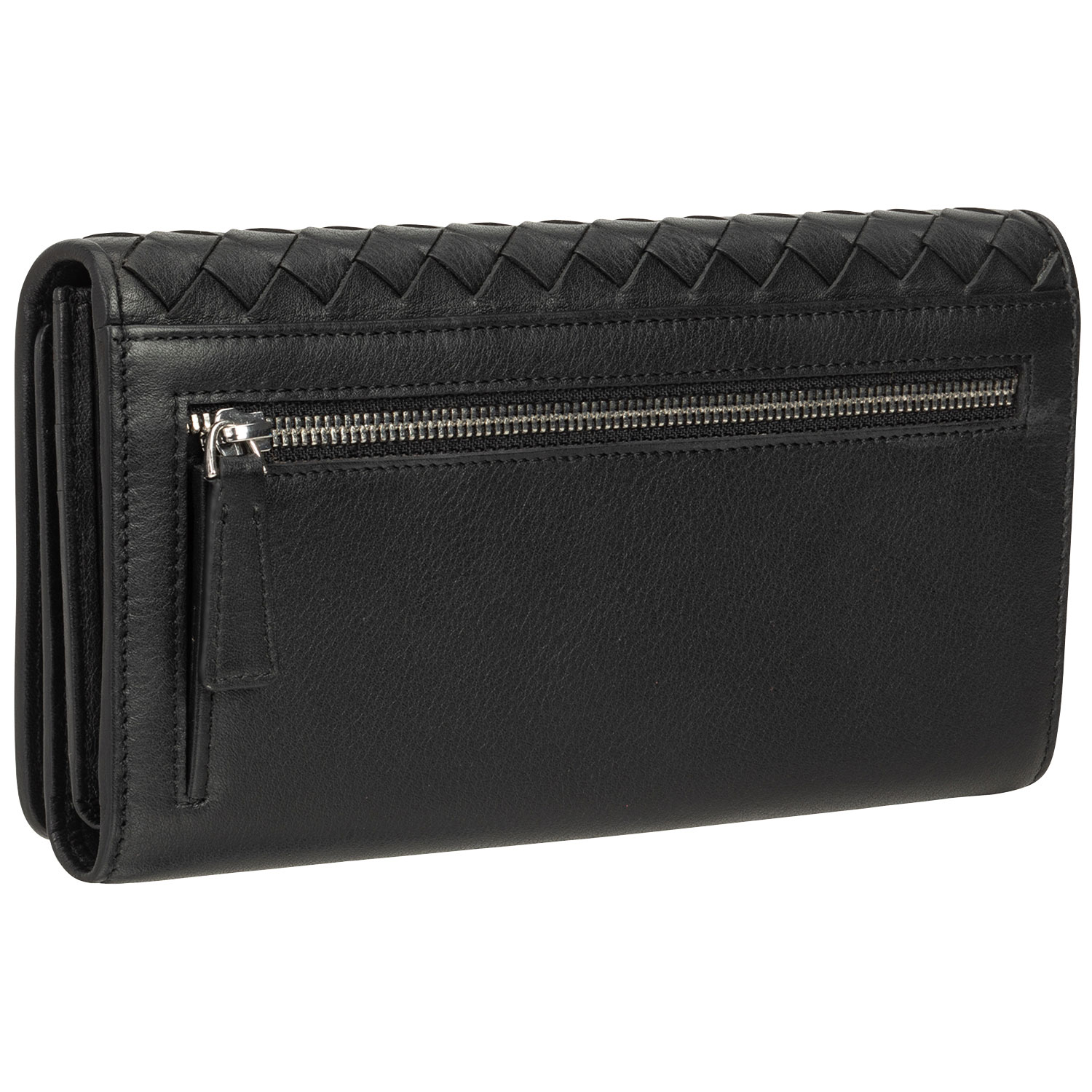 Pochette-portefeuille RFID à trois volets en cuir véritable Motif tressé de Mancini - Noir