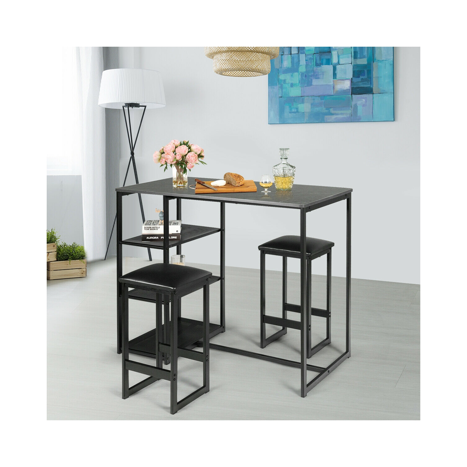 Gymax 3 Piece Pub Set Industrial Style Faux Marble Top Table and 2 Stools Dining Set