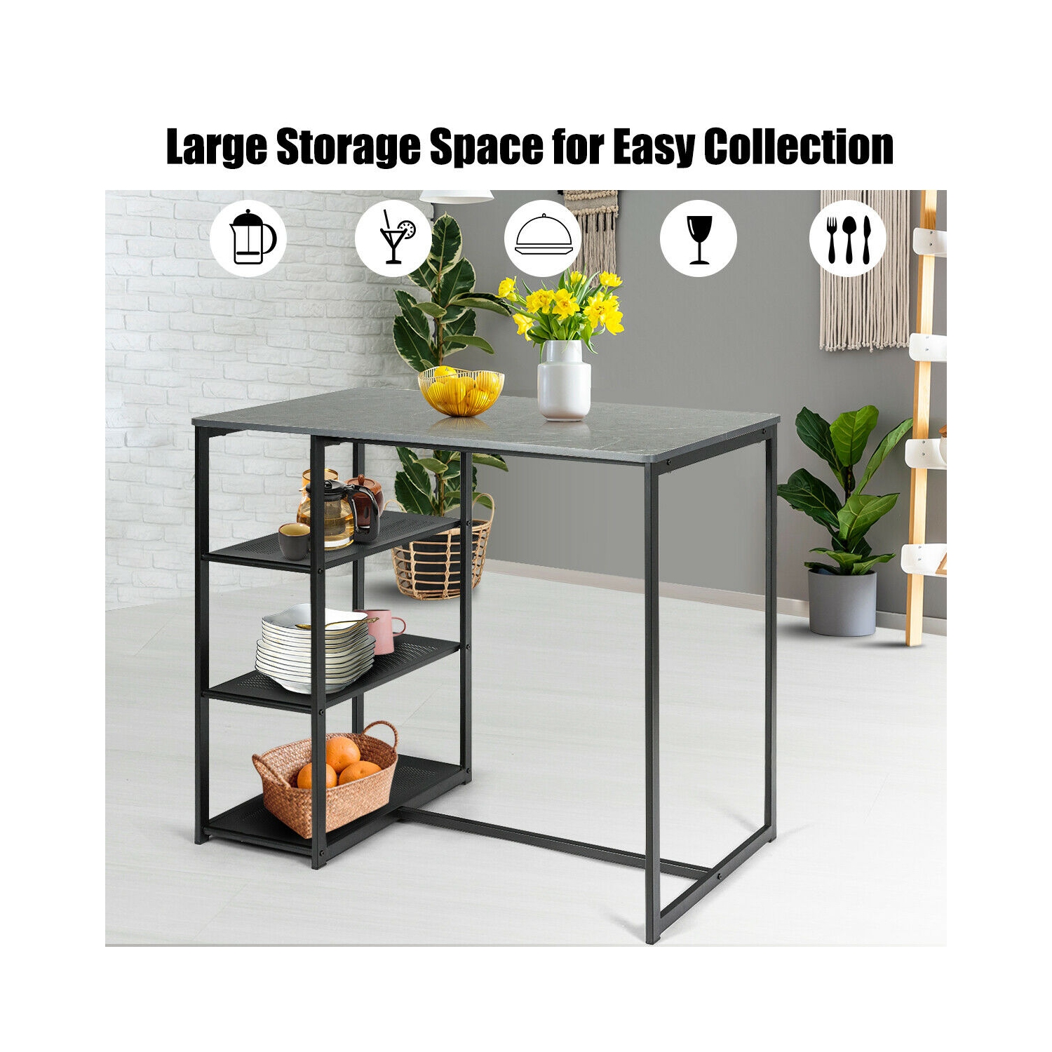 Gymax 3 Piece Pub Set Industrial Style Faux Marble Top Table and 2 Stools Dining Set