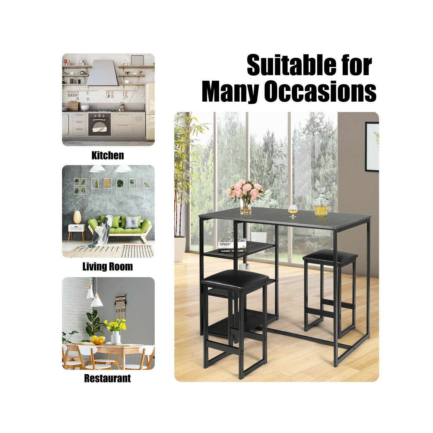 Gymax 3 Piece Pub Set Industrial Style Faux Marble Top Table and 2 Stools Dining Set