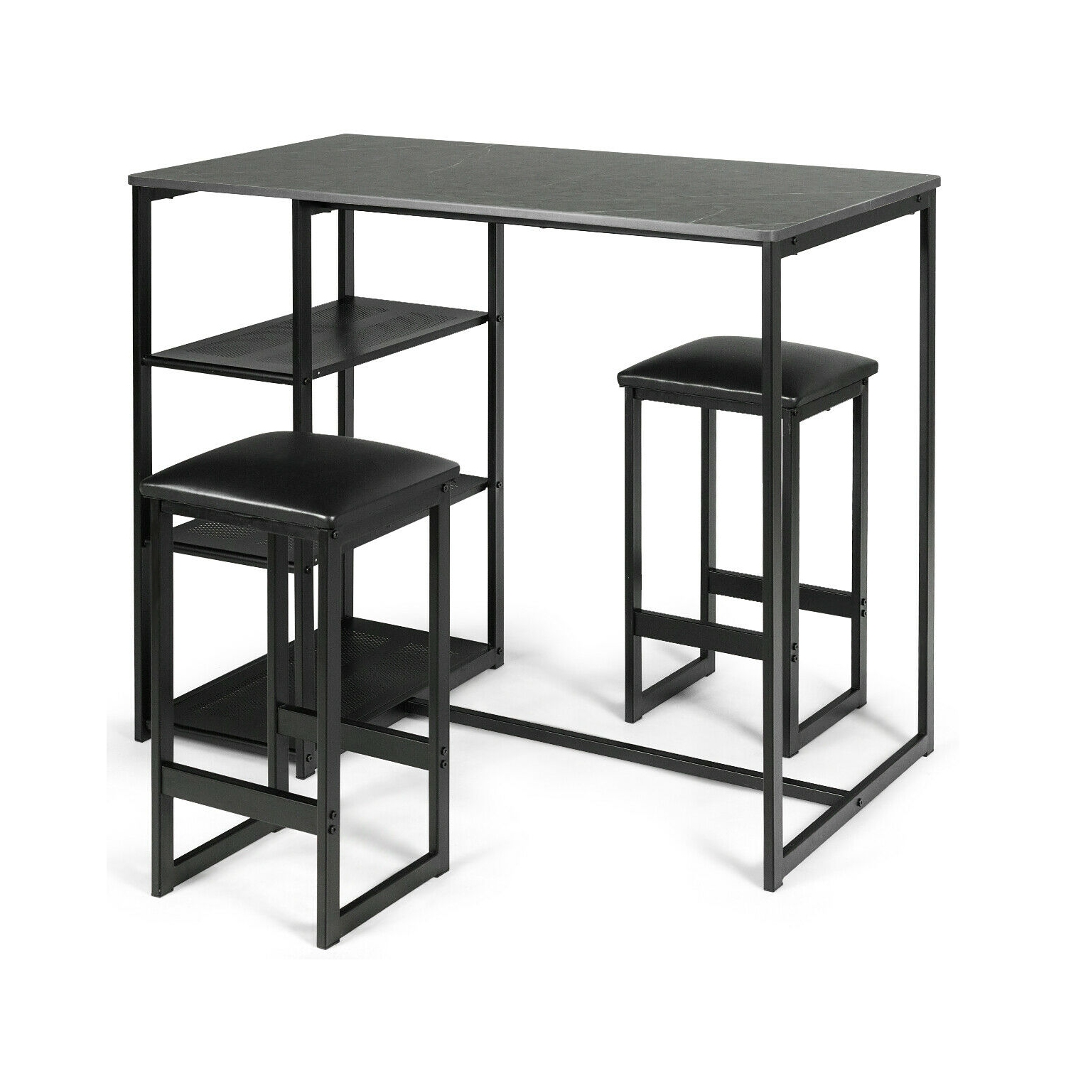 Gymax 3 Piece Pub Set Industrial Style Faux Marble Top Table and 2 Stools Dining Set