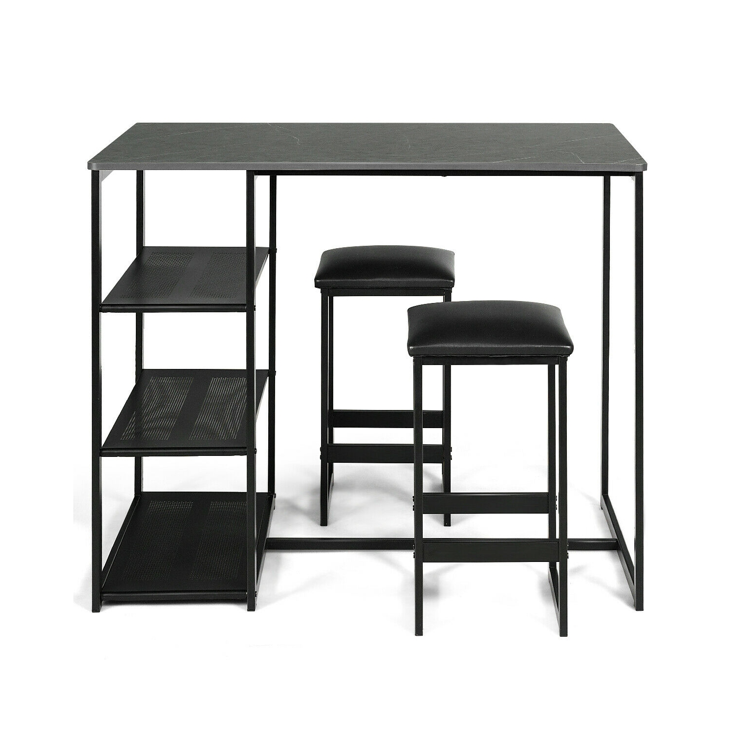 Gymax 3 Piece Pub Set Industrial Style Faux Marble Top Table and 2 Stools Dining Set
