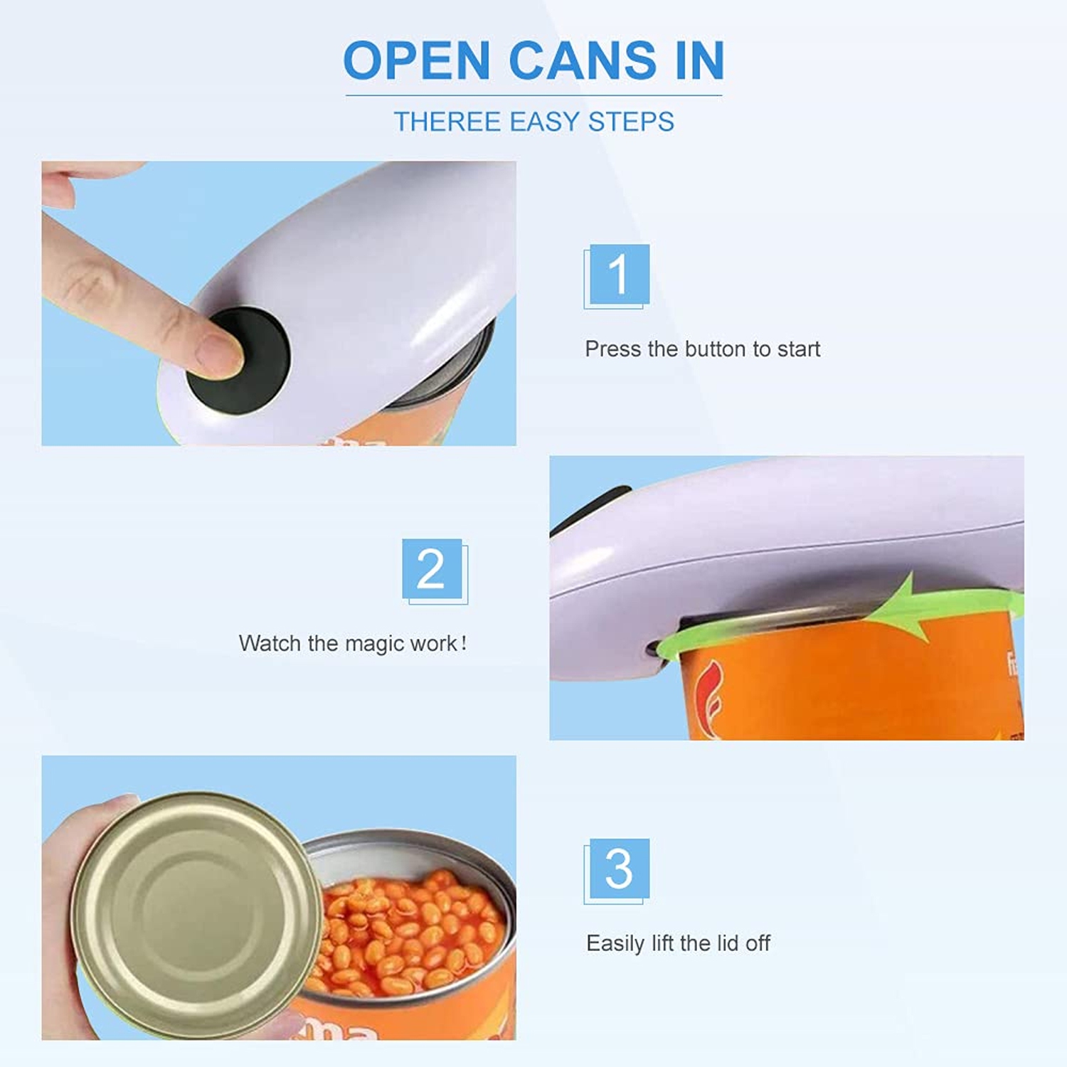 Electric Can Opener: Upgraded Blade Opens Any Sized Can - Automatic, Hands Free, Smooth Edge, Food-Safe, Handy with Lid Lift, Battery Operated