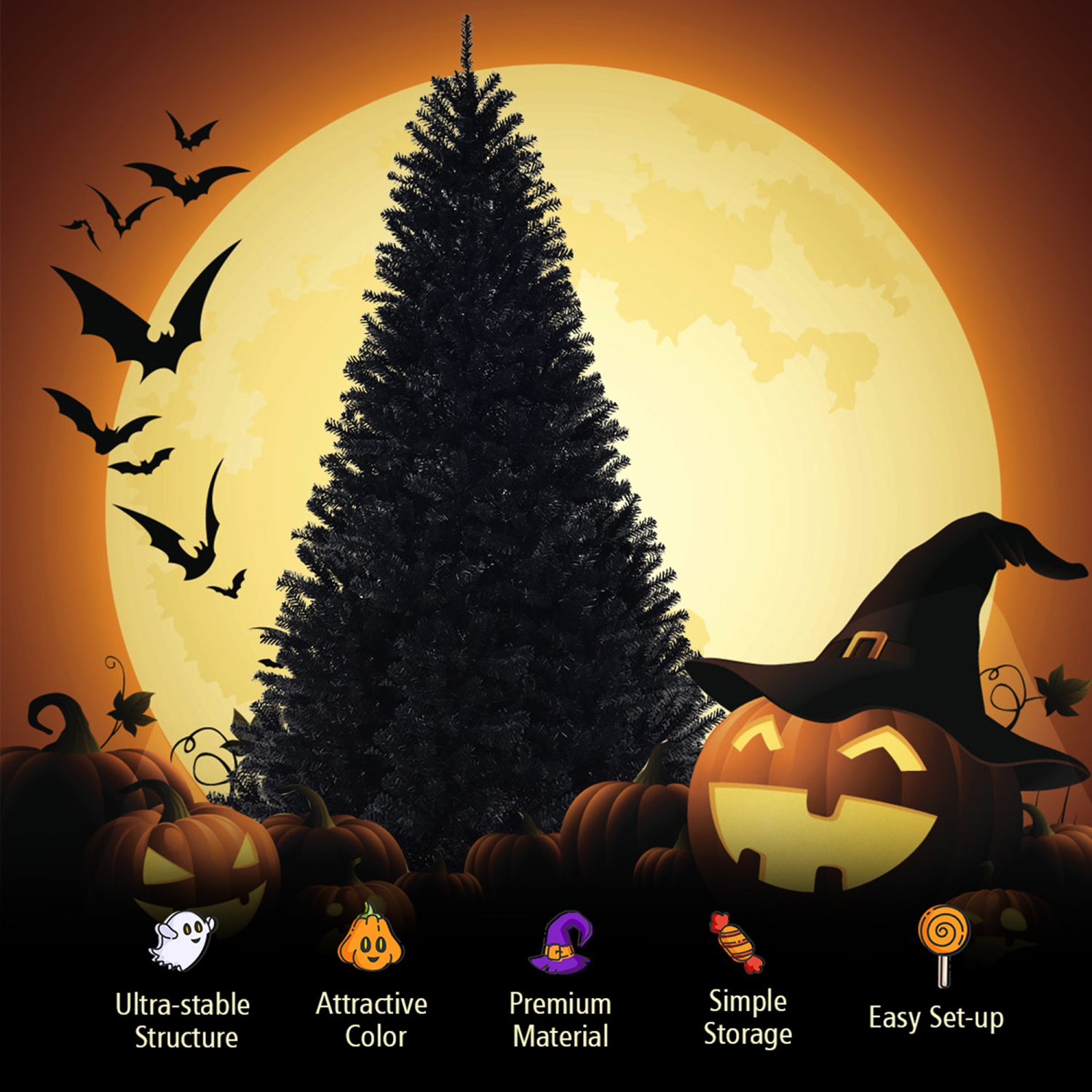 Gymax 7.5FT Artificial Halloween Christmas Tree Hinged Pine Tree Holiday Decoration