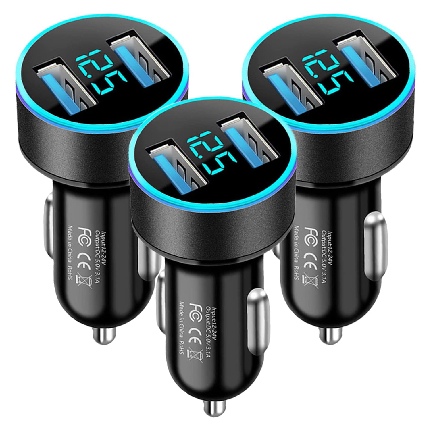3 Pack USB Car Charger, Fast USB Charger Car, ED Display Voltage Detector 3.1A Fast Charging Adapter Compatible for iPhone 12/11 / X / 8S / 7, Samsung Galaxy S10 S9,S8,S7, LG, Huaw