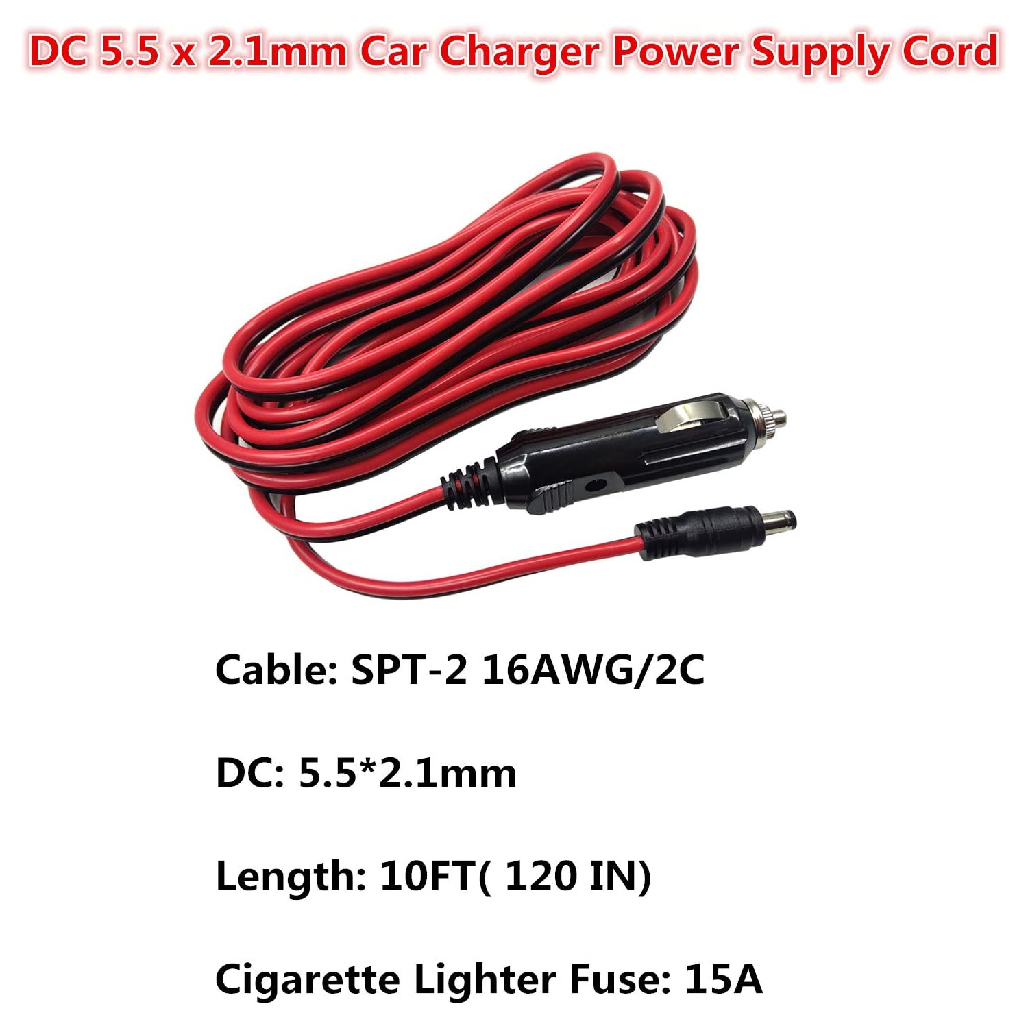 AEISVIK DC Car Charger Cable - 12-24V DC Car Charger Auto Power Supply Cord Cigarette Lighter Male Plug to DC 5.5mm x 2.1mm Connector Extension Cord
