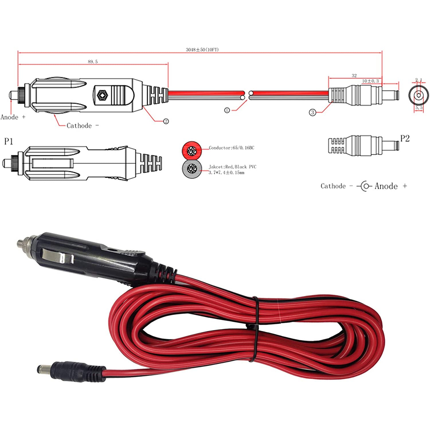 AEISVIK DC Car Charger Cable - 12-24V DC Car Charger Auto Power Supply Cord Cigarette Lighter Male Plug to DC 5.5mm x 2.1mm Connector Extension Cord