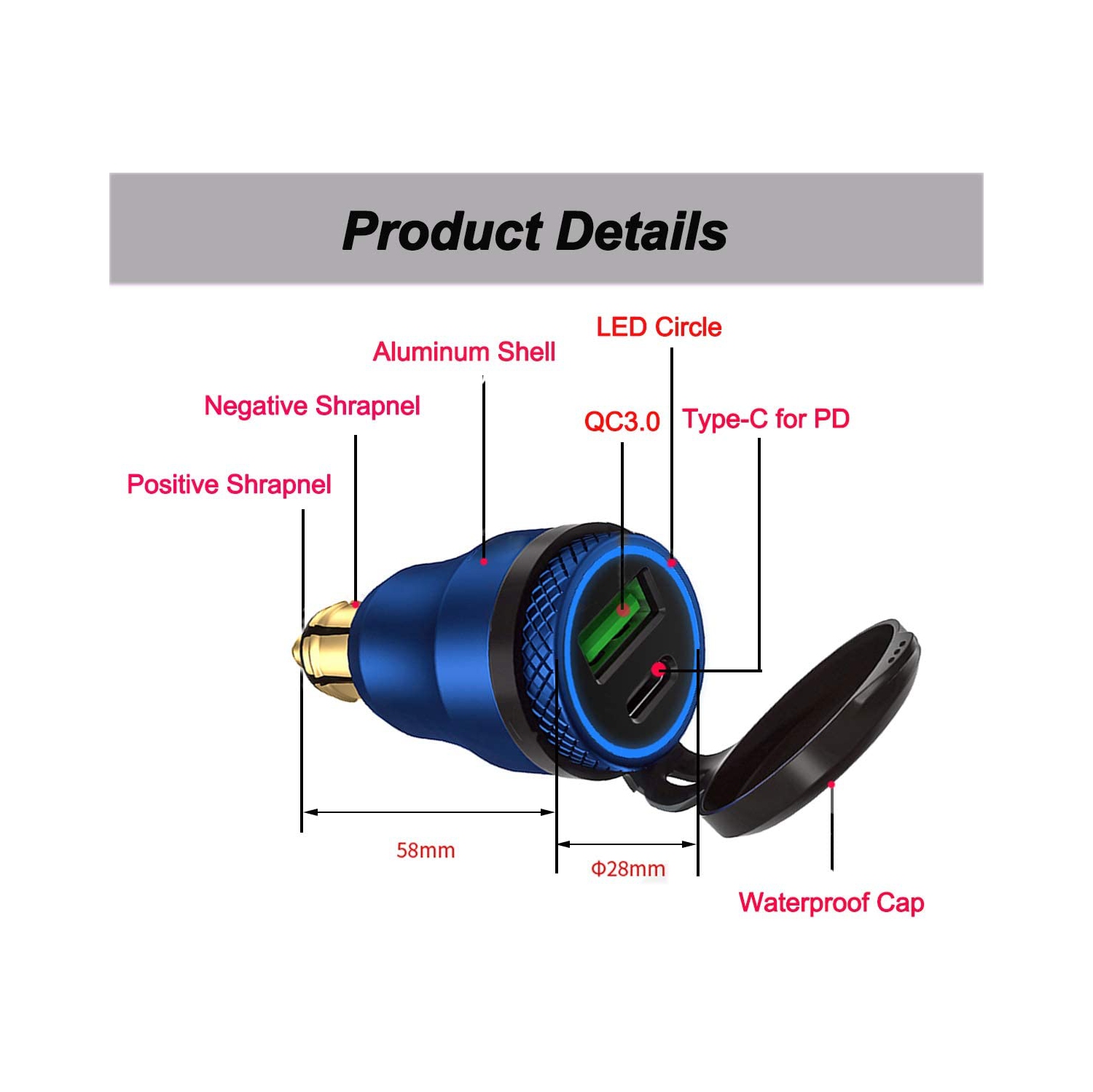Chargeur Power Delivery DIN HELLA Powerlet en aluminium 30 W vers type C et adaptateur DIN USB 3.0 Quick charge pour moto étanche pour prise DIN de