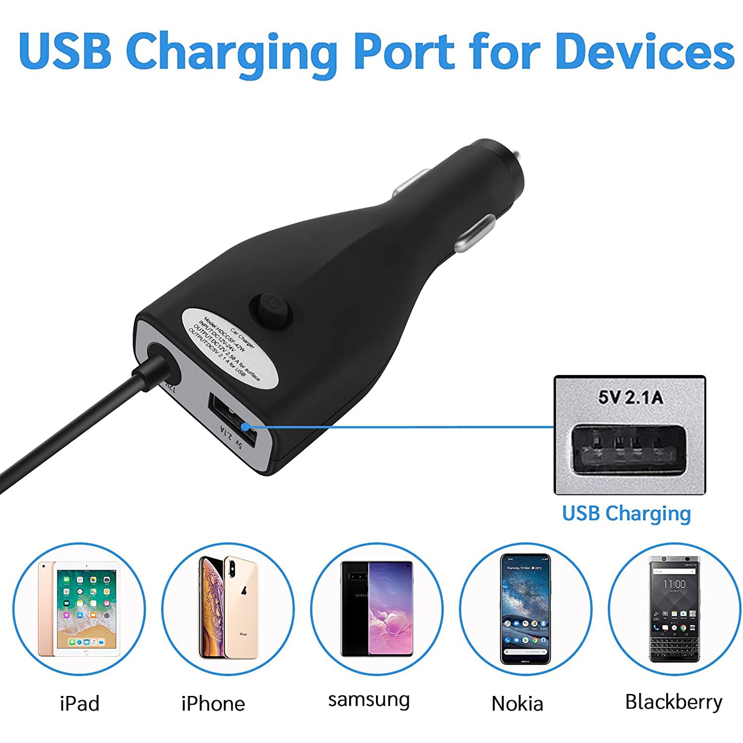 Surface Car Charger with USB Charging Port, Total 42W 12V 2.58A Power Supply, Compatible for Microsoft Surface Pro7 + Plus Pro6 Pro5~3 Surface Go 1/2