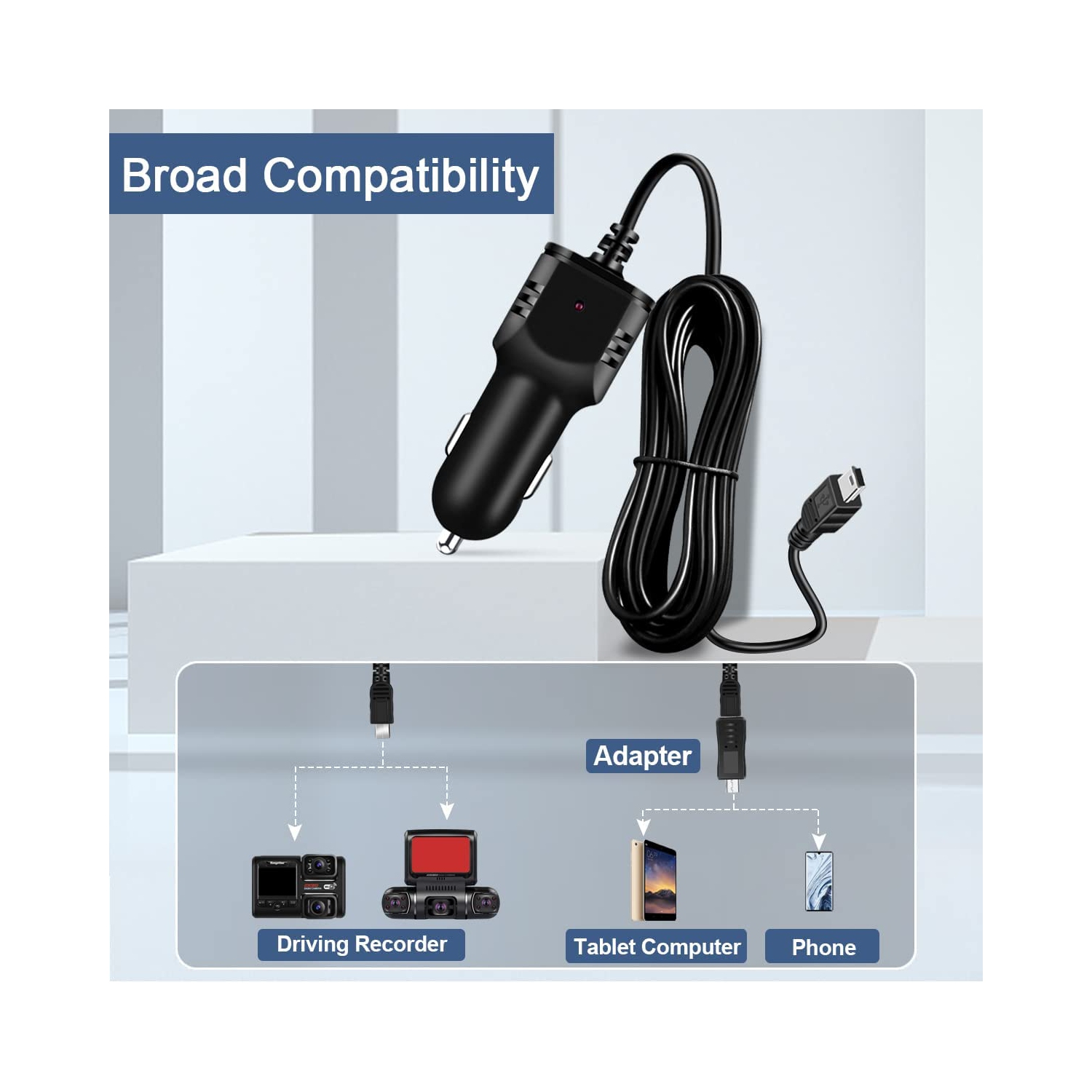 Dash Camera Car Charger, Micro USB and Mini USB Interfaces,Driving Recorders Power Cord 3.5m/11.5ft 12V/24V to DC5V 2A