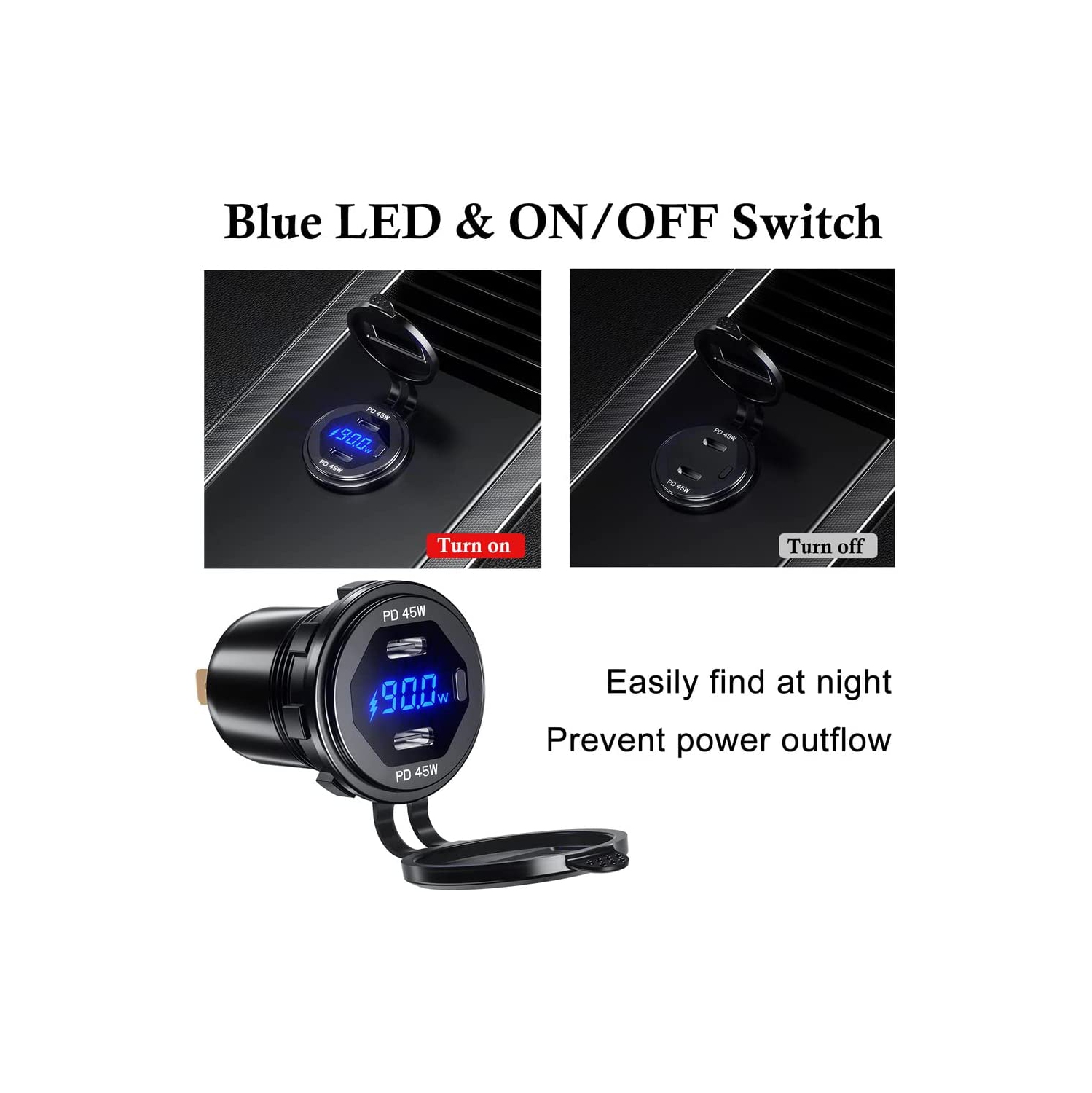 Dual USB C Car Charger Socket 12V/24V USB Outlet, 45W PD Type C Car Dual USB Port Fast Charger with LED Voltmeter & Button Switch DIY Car Socket for