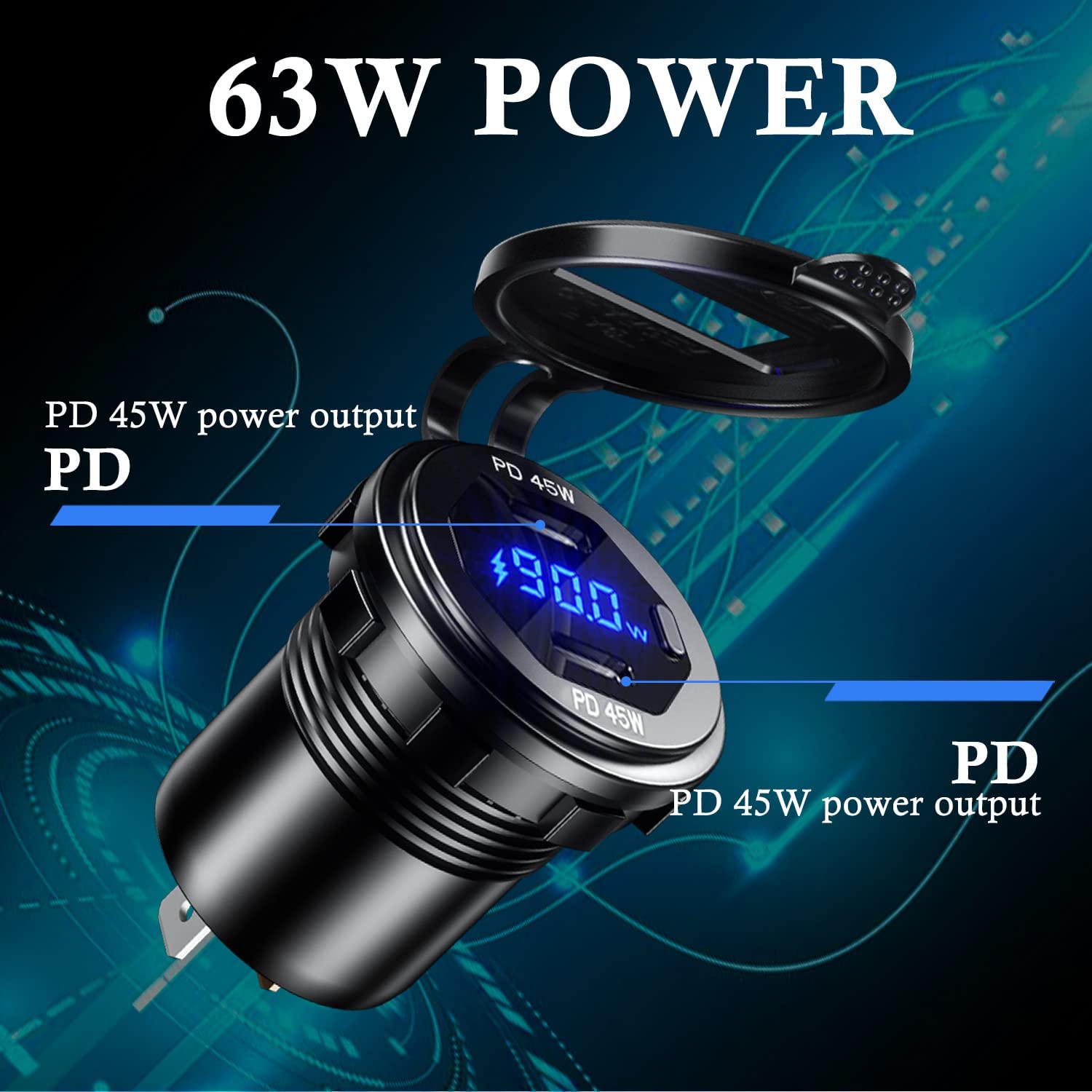 Dual USB C Car Charger Socket 12V/24V USB Outlet, 45W PD Type C Car Dual USB Port Fast Charger with LED Voltmeter & Button Switch DIY Car Socket for