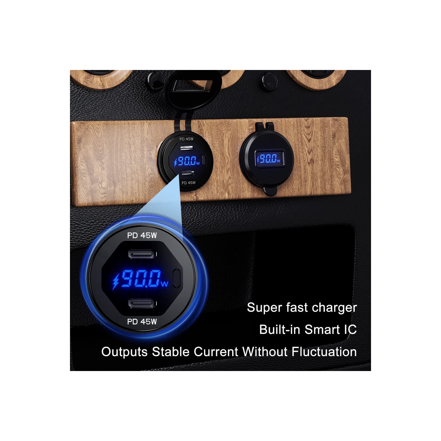 Dual USB C Car Charger Socket 12V/24V USB Outlet, 45W PD Type C Car Dual USB Port Fast Charger with LED Voltmeter & Button Switch DIY Car Socket for