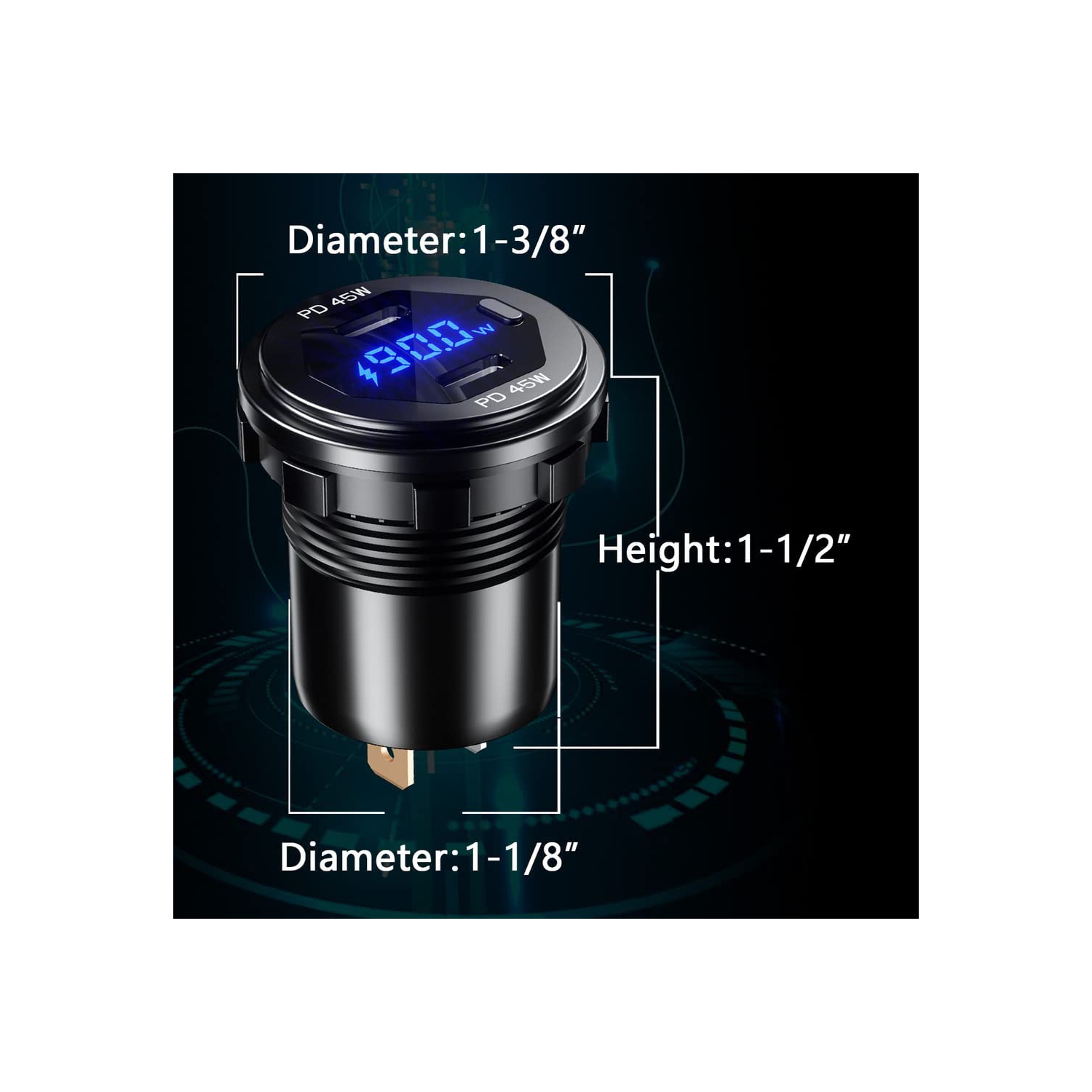 Dual USB C Car Charger Socket 12V/24V USB Outlet, 45W PD Type C Car Dual USB Port Fast Charger with LED Voltmeter & Button Switch DIY Car Socket for