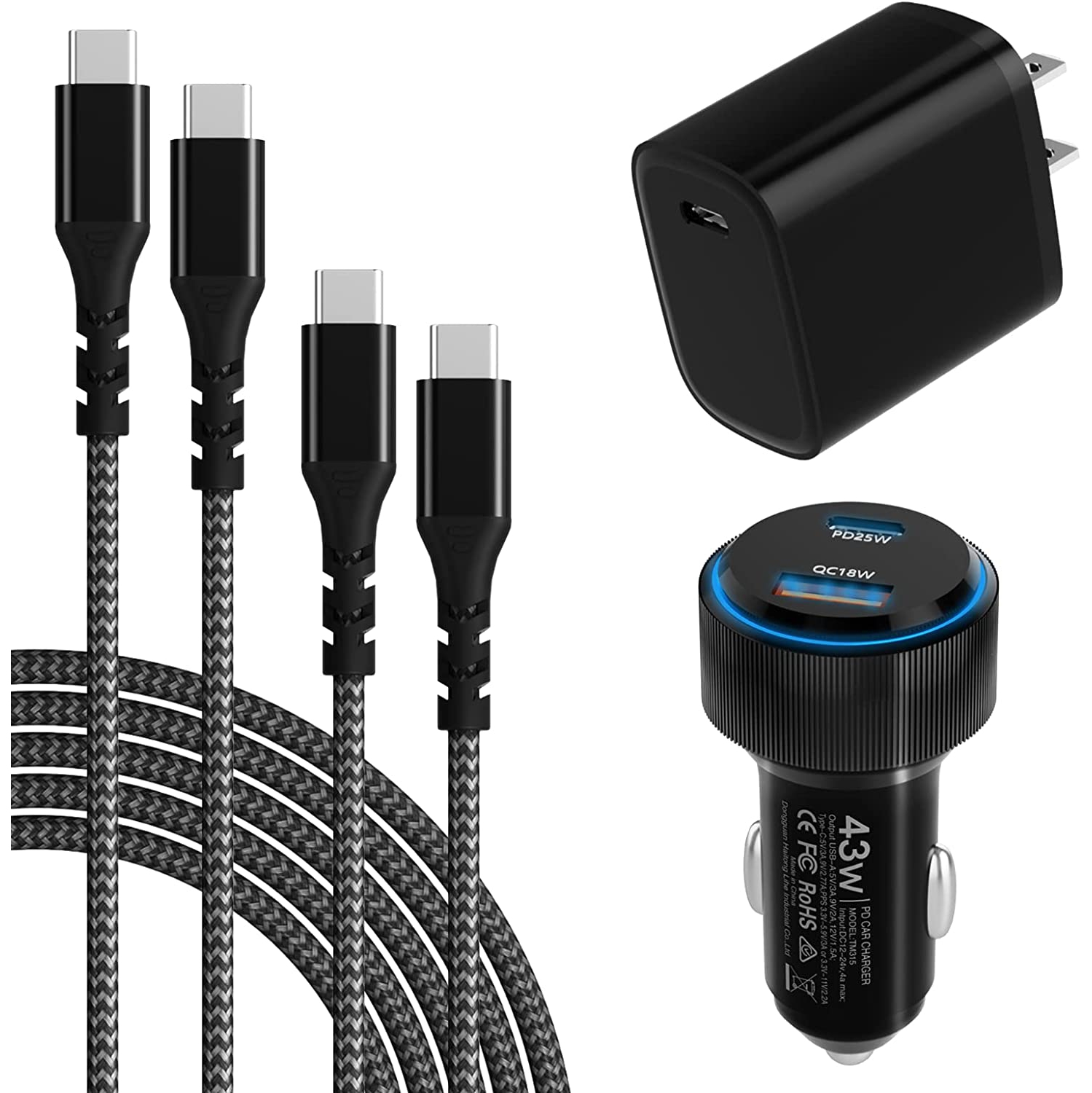 Super Fast Charger Type C Kit,43W Car Charger Adapter,20W PD PPS USB C Wall/25W Car Charger Compatible with Samsung Galaxy S22,iPhone 13/12/11iPad Pro/Air,with 2Pack-6FT Braided US