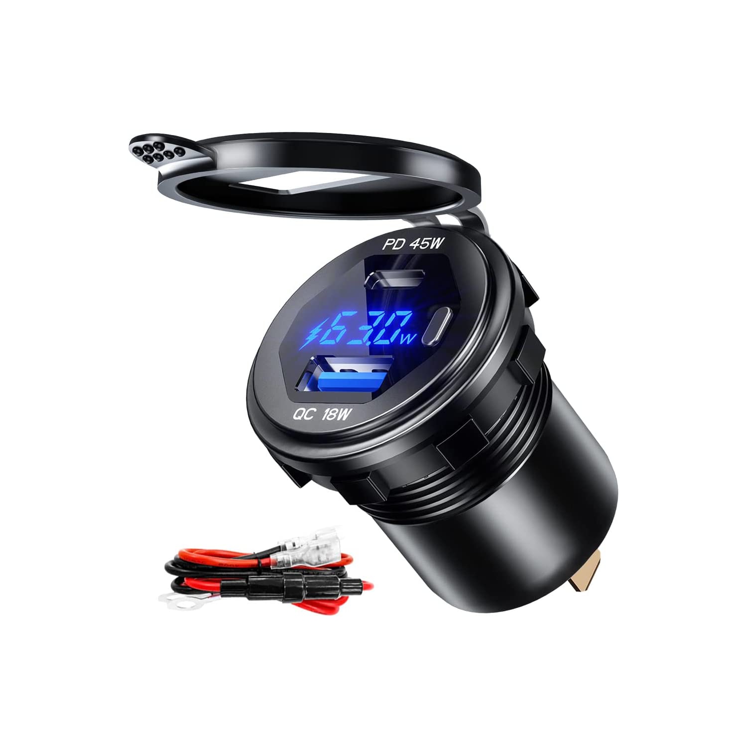 USB C Car Charger Socket 12V/24V USB Outlet, 45W PD Type C & 18W QC 3.0 Car Dual USB Port with LED Voltmeter & Button Switch DIY Car Socket for Car